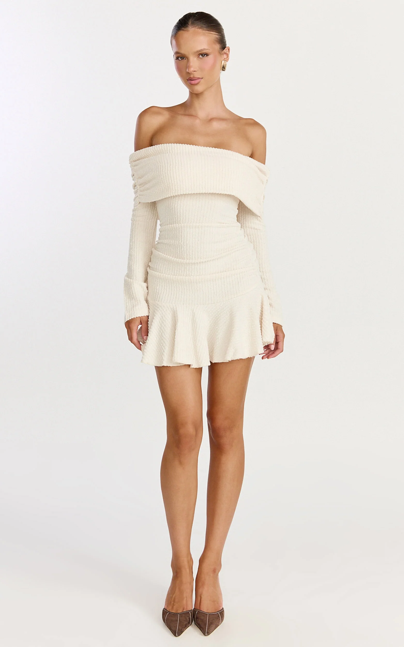 Maeve Mini Dress - Off Shoulder Long Sleeve Fit And Flare Mini Dress in Cream