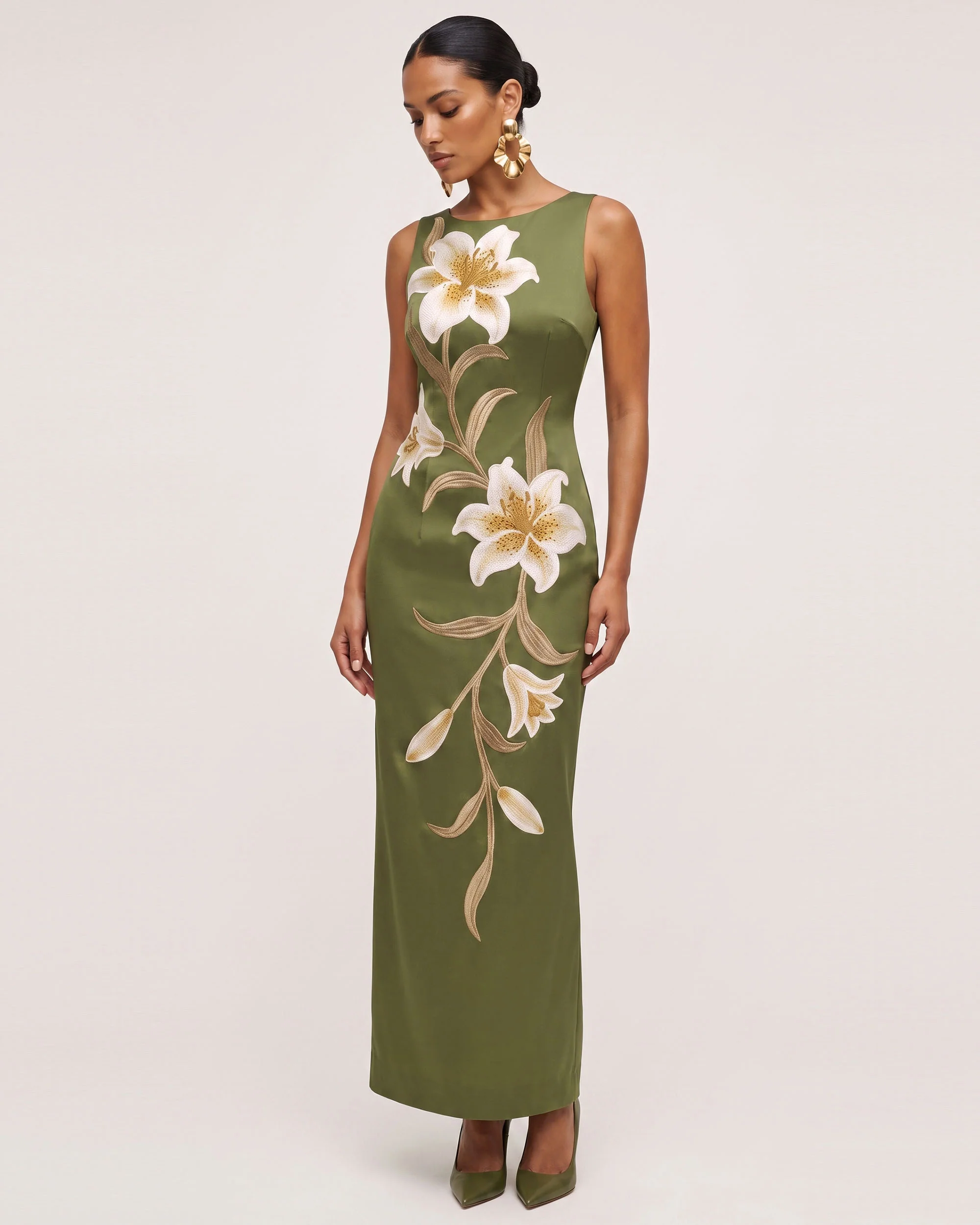 Lily Floral Print Sleeveless Column Maxi Dress - Yellowish Green - FASHION NOB