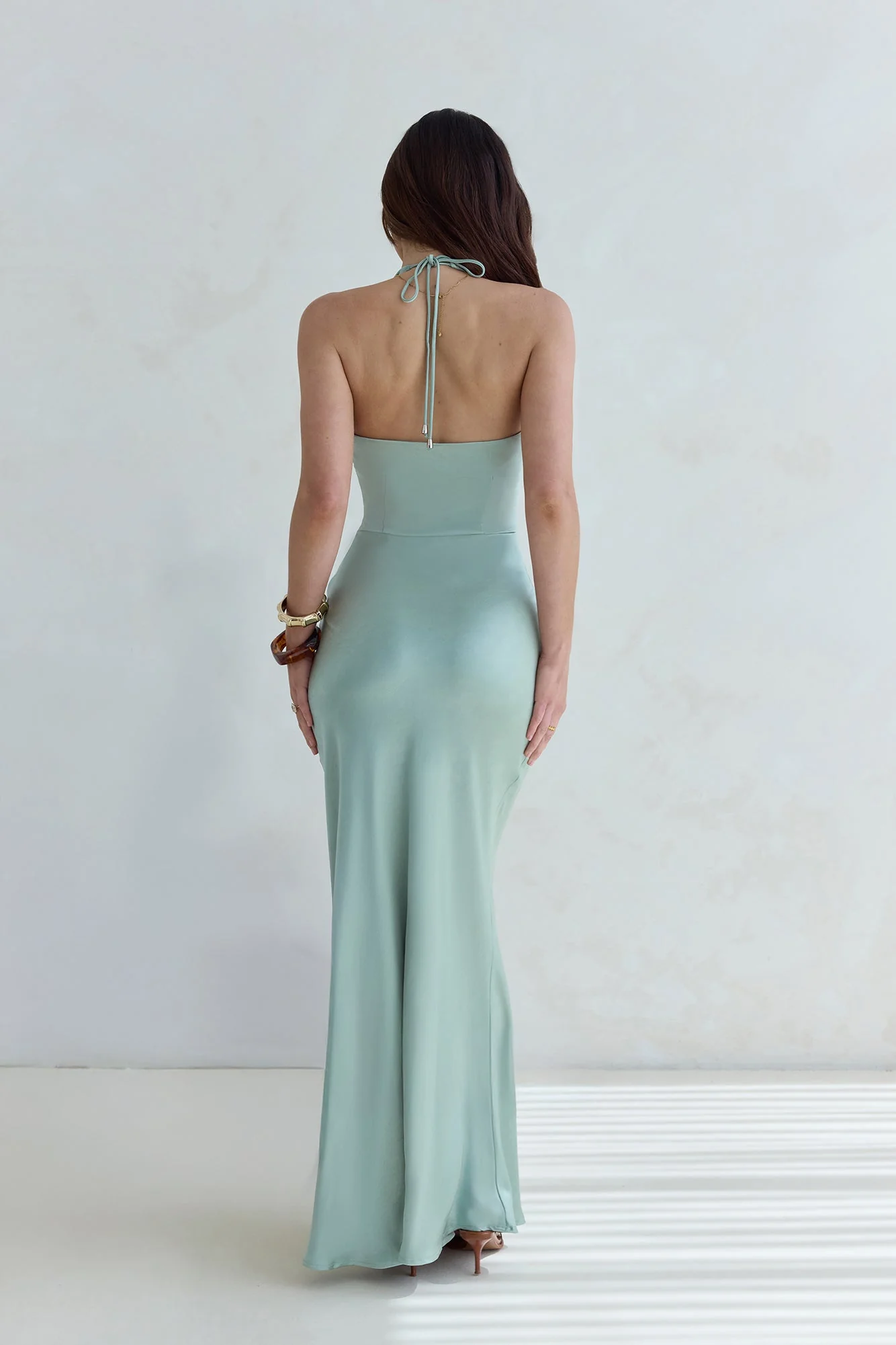 Destinations Halter Satin Maxi Dress Sage