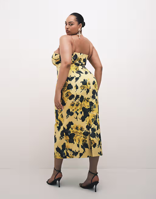 Curve cotton sateen cami maxi sundress with bust detailing in yellow print