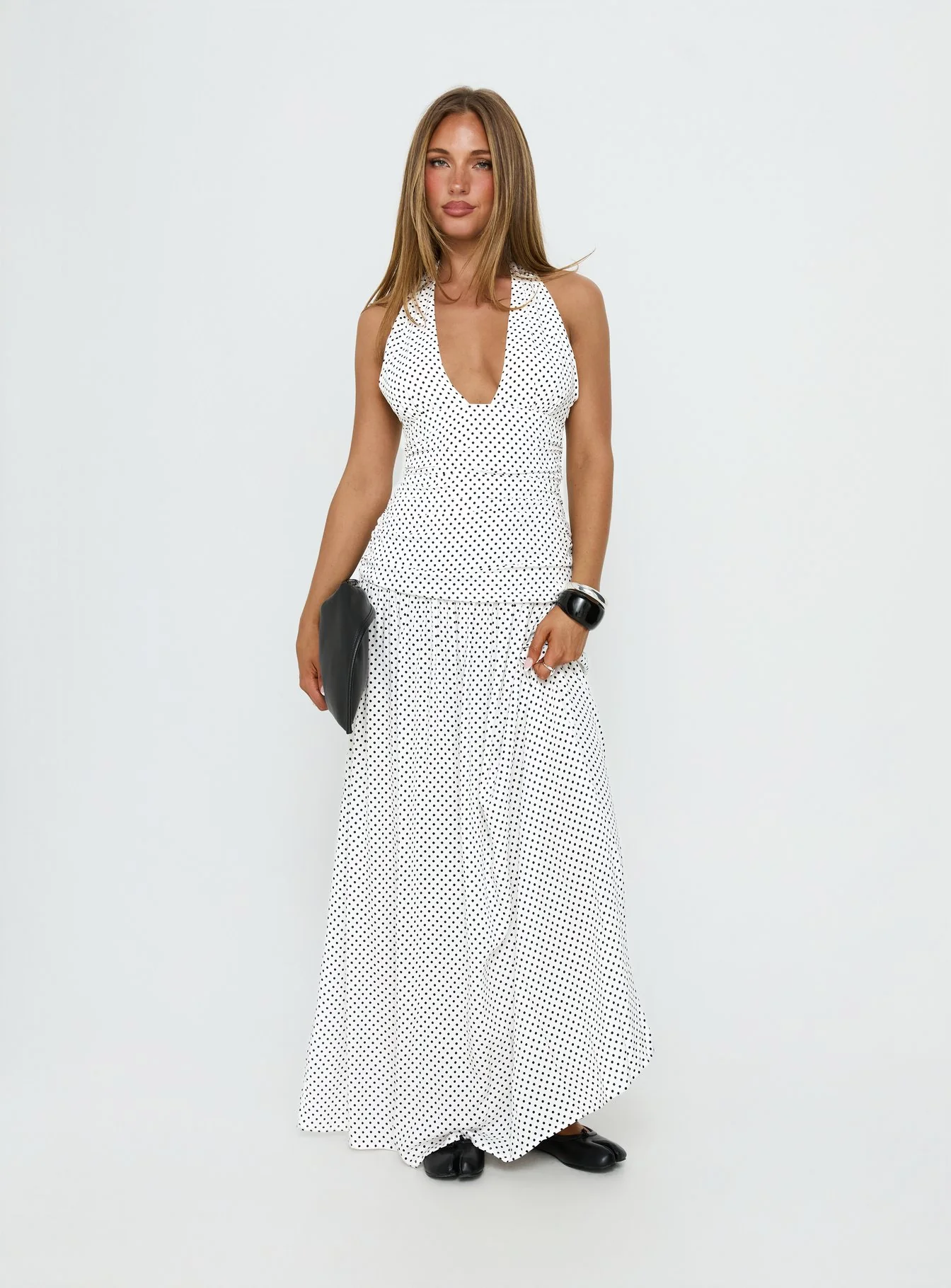 Millen Gathered Waist Halter Maxi Dress White Polka Dot