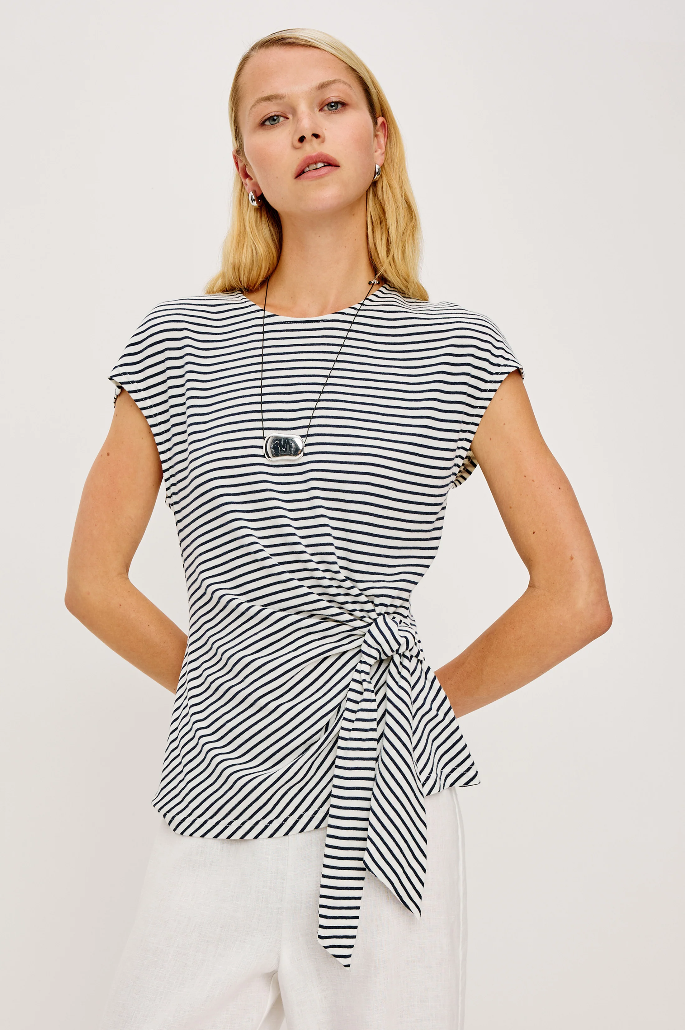 Gabbie Top - Ivory Navy Micro Stripe