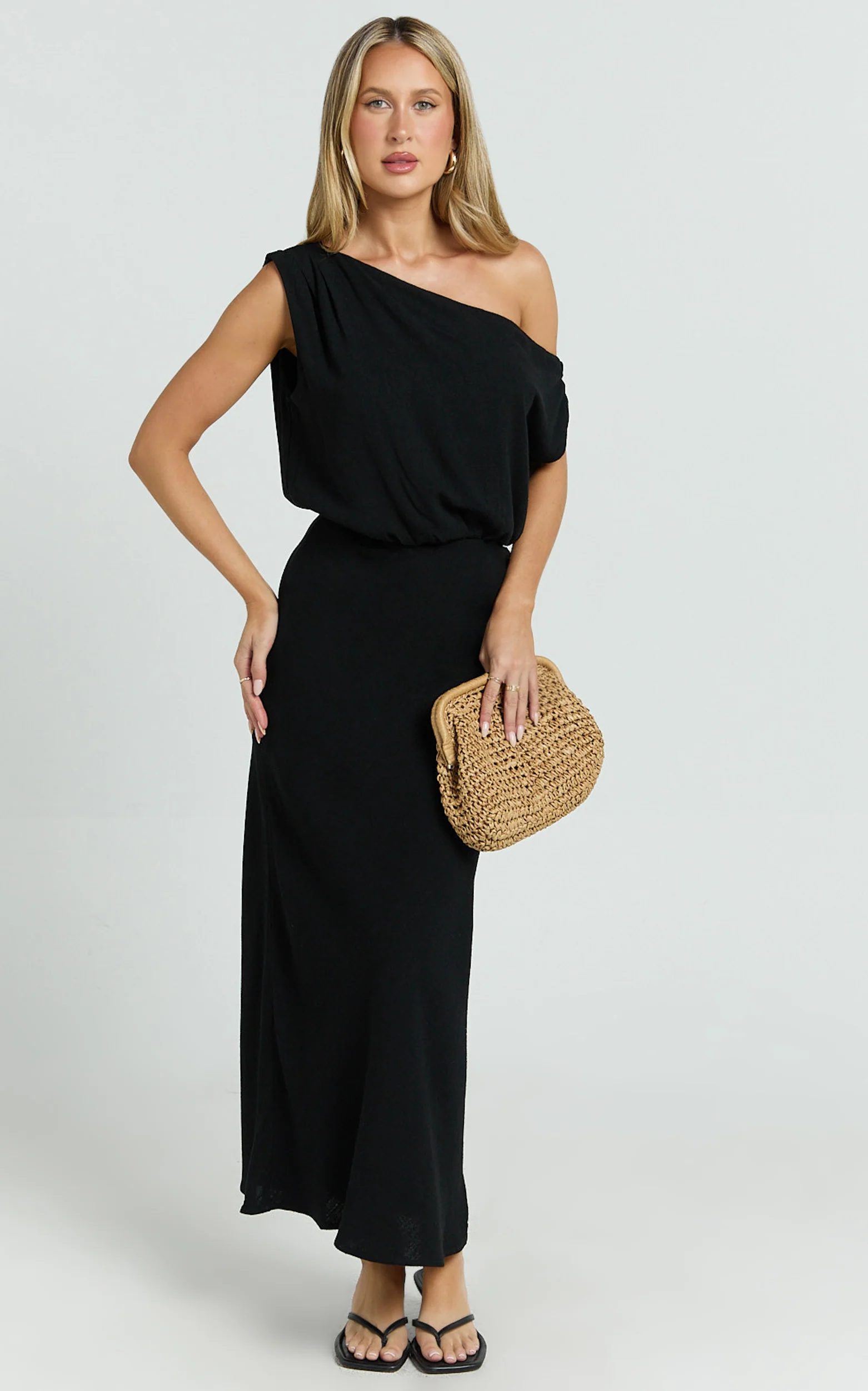 Jacqueline Midi Dress - Linen One Shoulder Dress in Black
