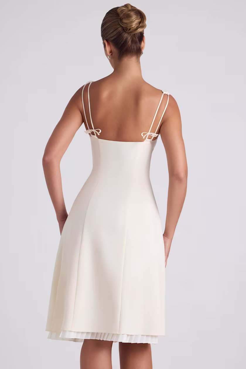 Bow-Detail Pleated A-Line Midi Dress In Ivory