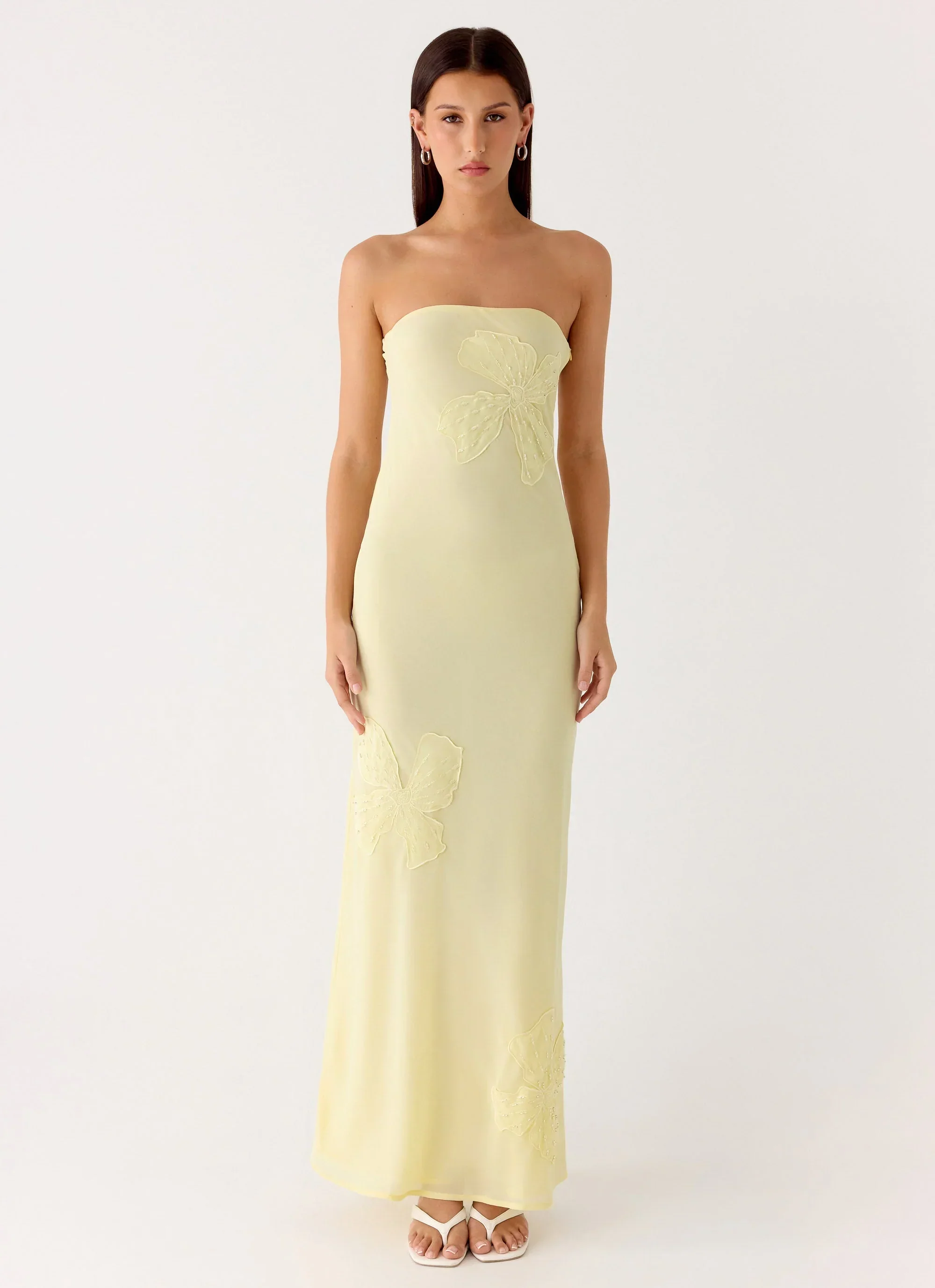 Sassafras Beaded Flower Strapless Maxi Dress - Yellow - luluinthesky