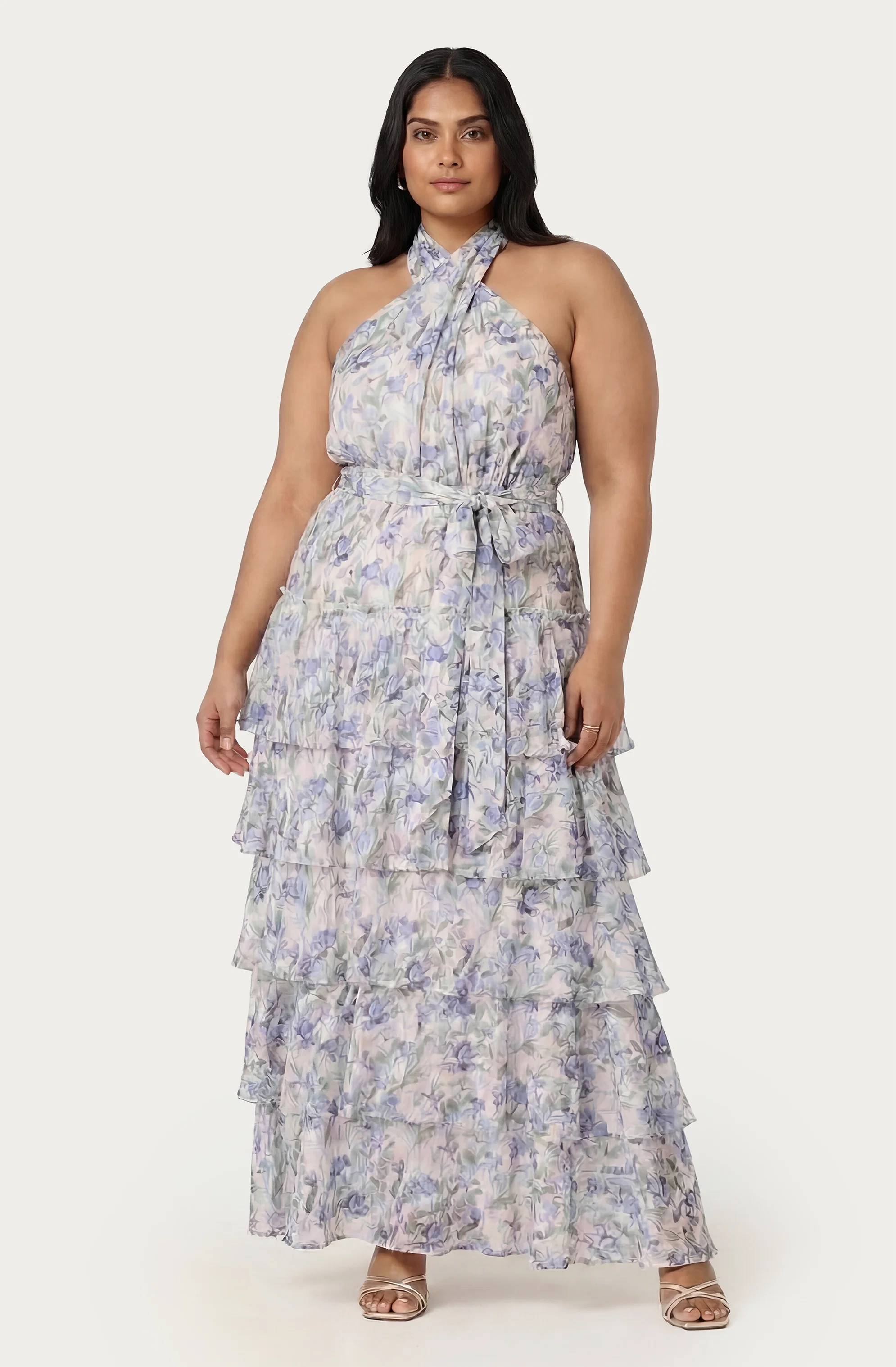 Adamaris Floral Halter Tiered Ruffle Maxi Dress