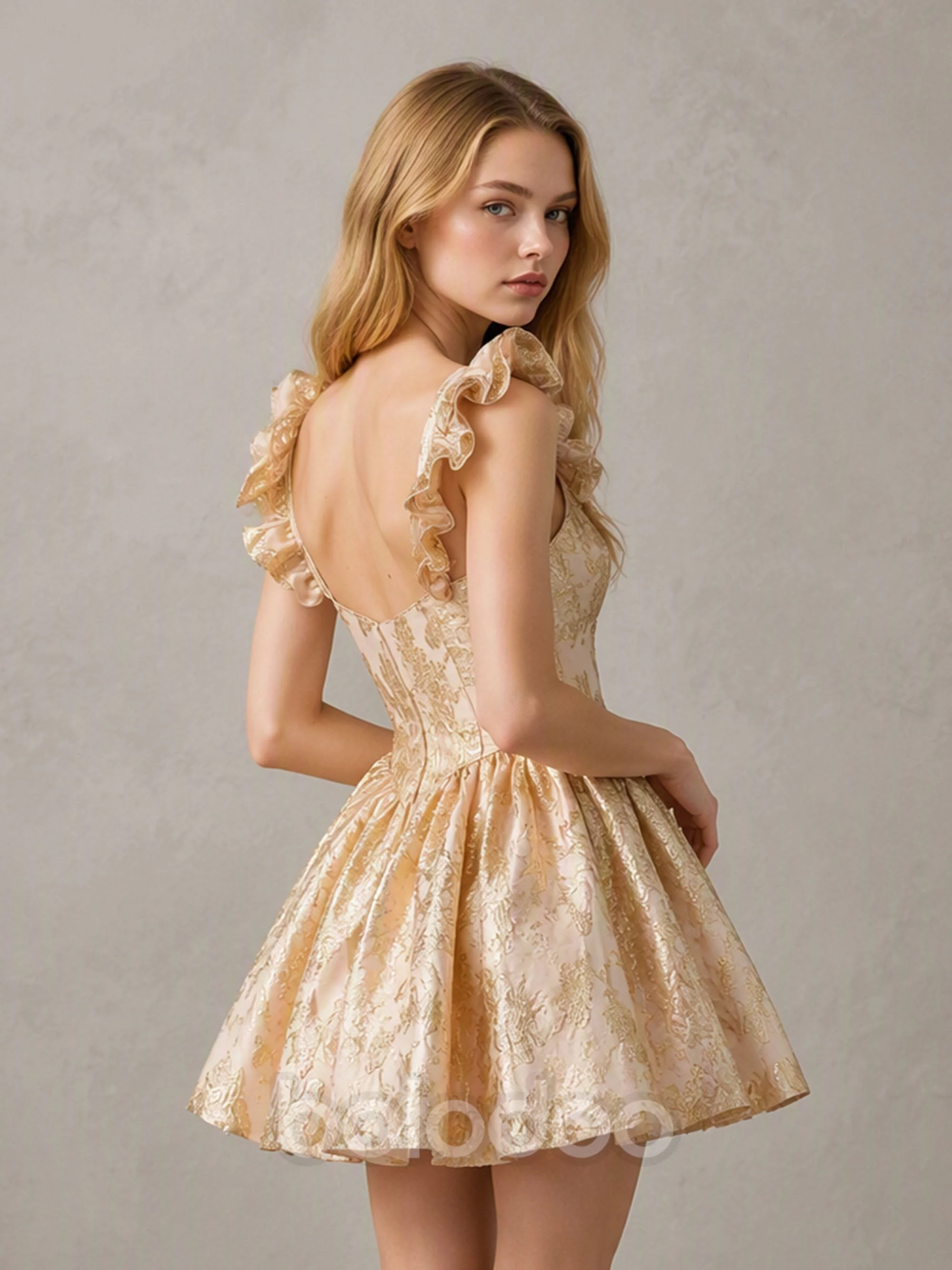 BOLODOO Gold Jacquard Ruffle Strap A-Line Mini Dress with Sweetheart Neckline & Open Back