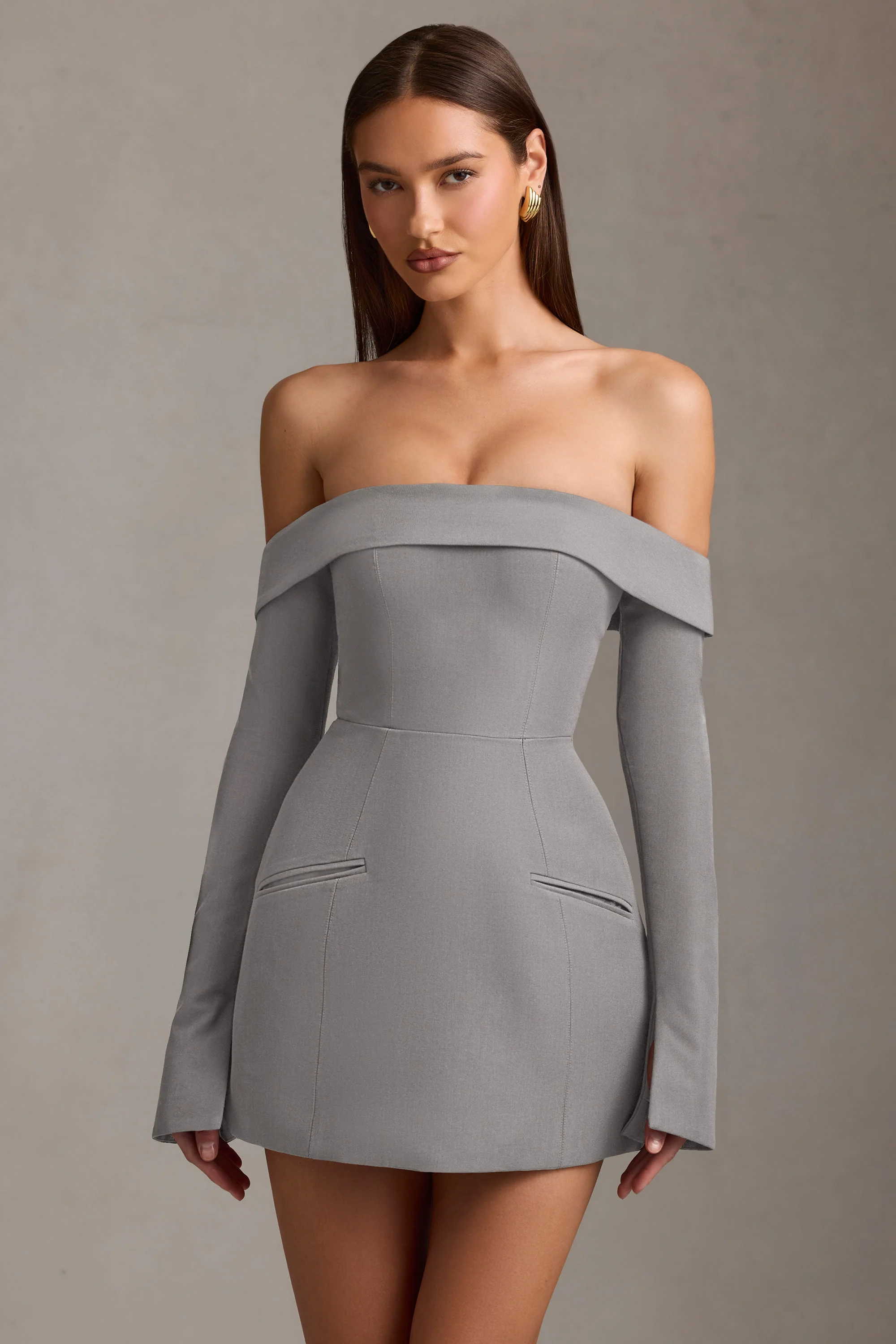 Off-Shoulder Structured A-Line Mini Dress in Grey