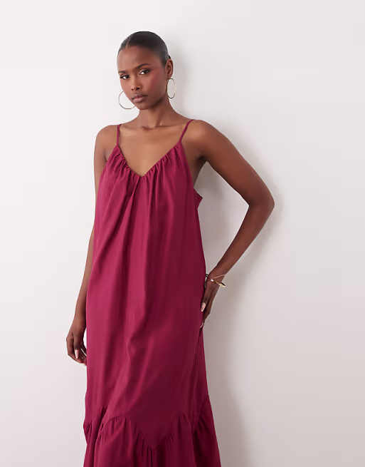 YAS tiered a-line cami maxi dress in beetroot red