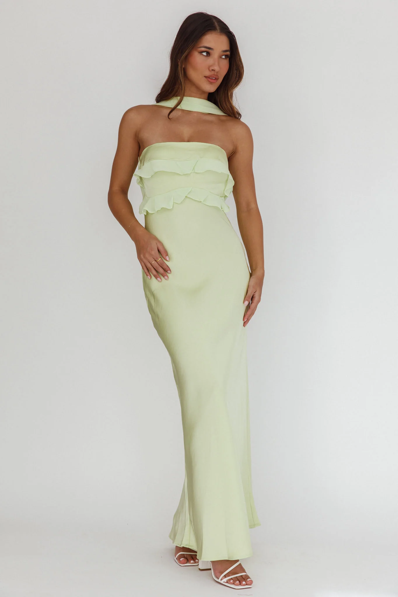 Damsel Reverse Halter Frill Trim Maxi Dress Sage