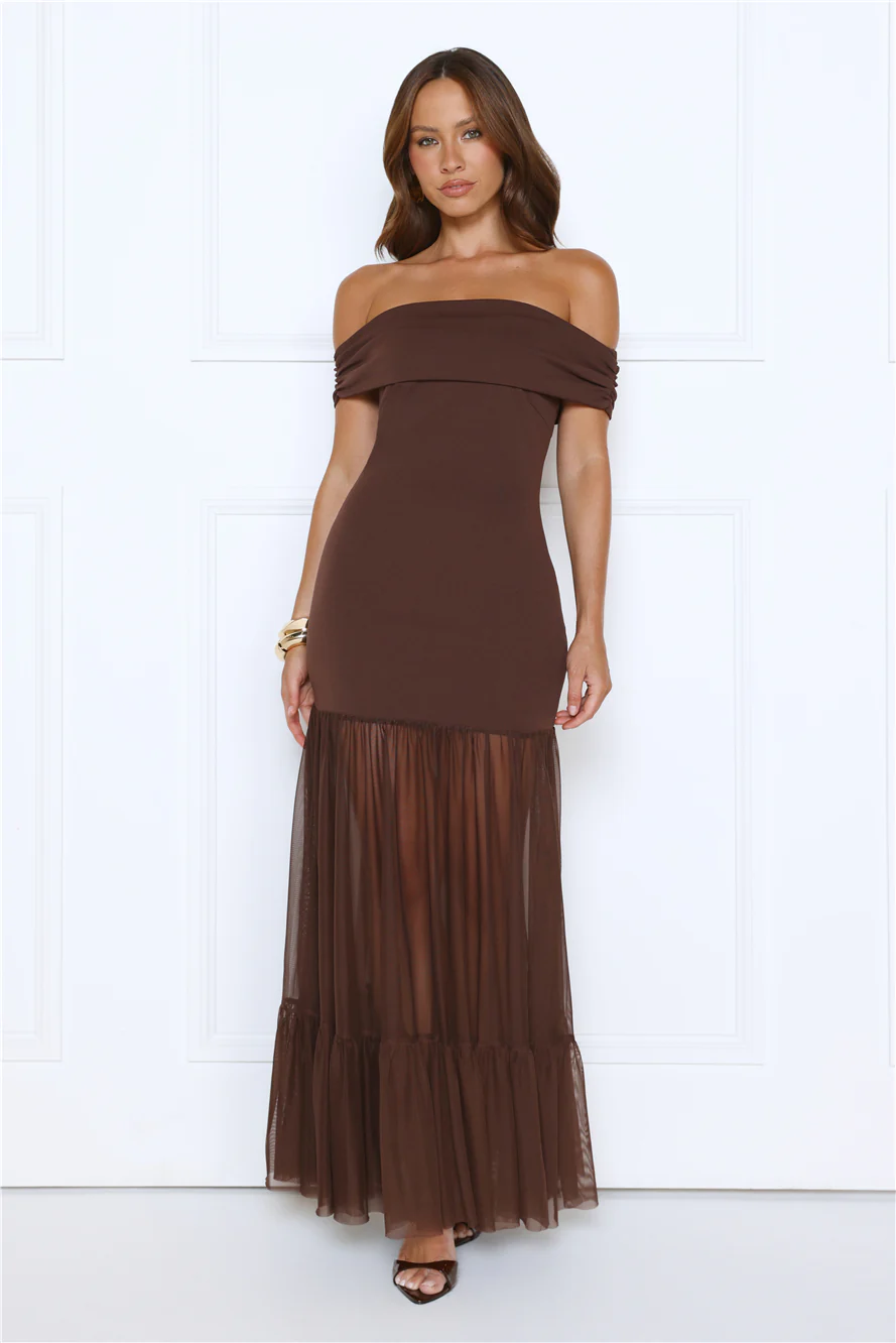Aurora Radiance Off Shoulder Maxi Dress Brown