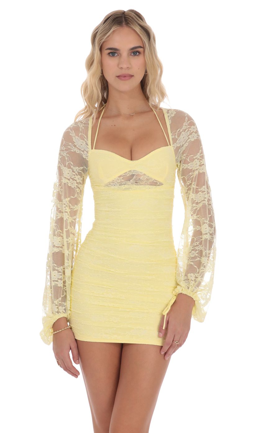 Lace Ruched Long Sleeve Dress in Yellow