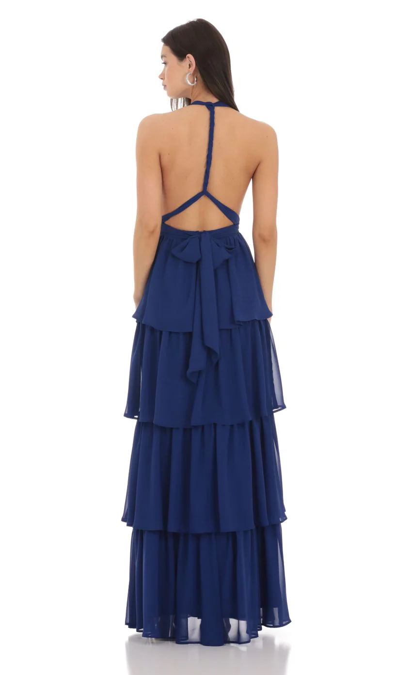Chiffon Plunge Ruffle Dress in Blue - luluinthesky