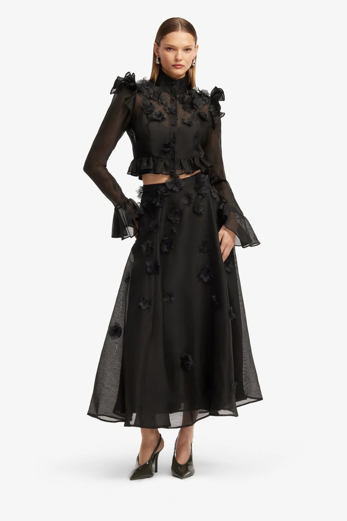 Maeve Petal Butterfly Long Sleeve Top - Ebony