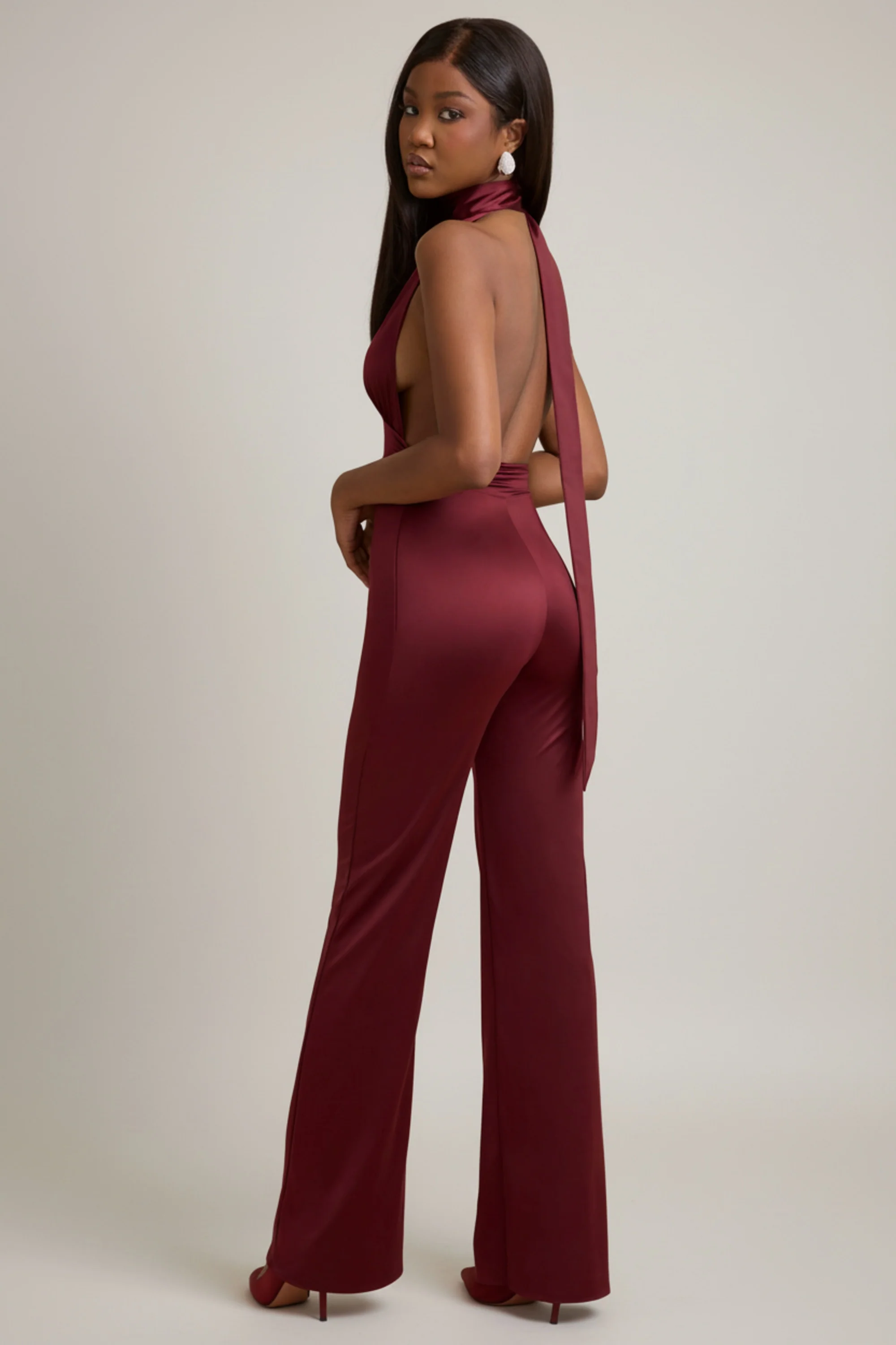 Scarf-Detail Halterneck Jumpsuit in Wine Red