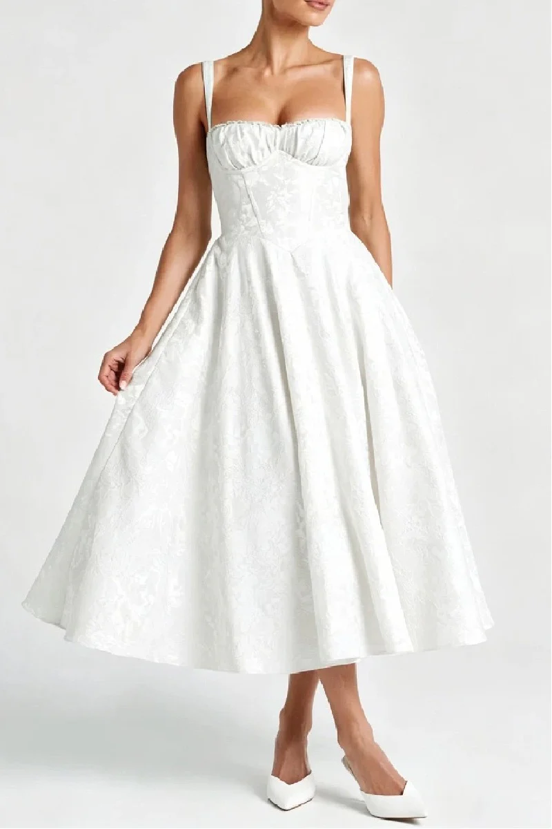 A-Line Tea Length Jacquard Satin Wedding Guest Dress 1038699395137