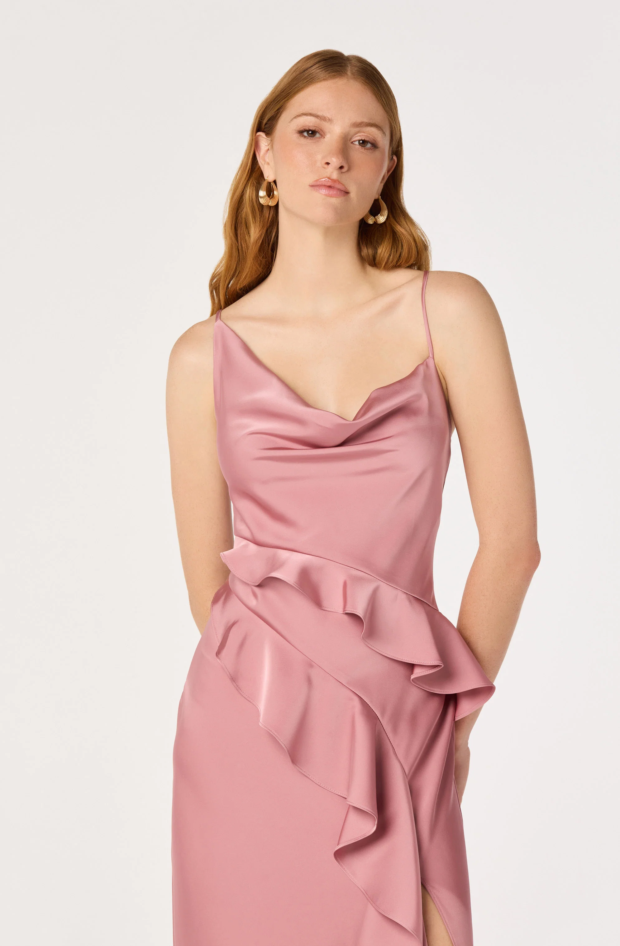 Adelina Satin Ruffle Maxi Dress