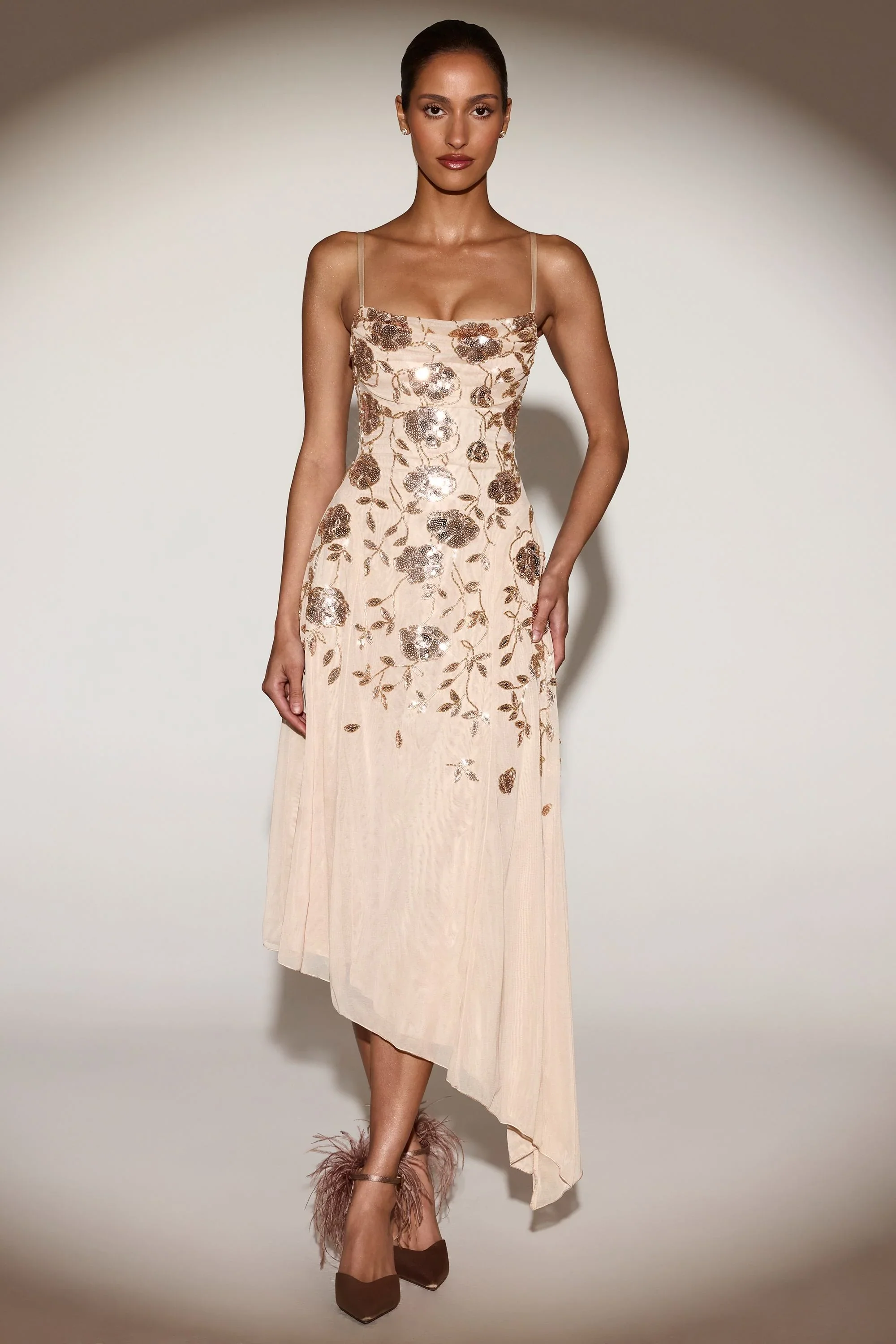 Embellished Soft-Scoop Asymmetric Midaxi Dress in Gold