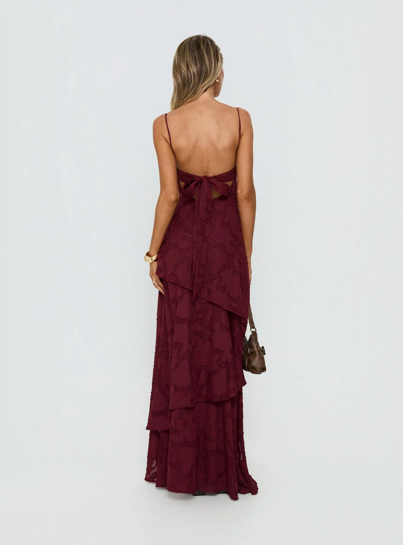Lyricah Tiered Tie Back Maxi Dress Burgundy - luluinthesky