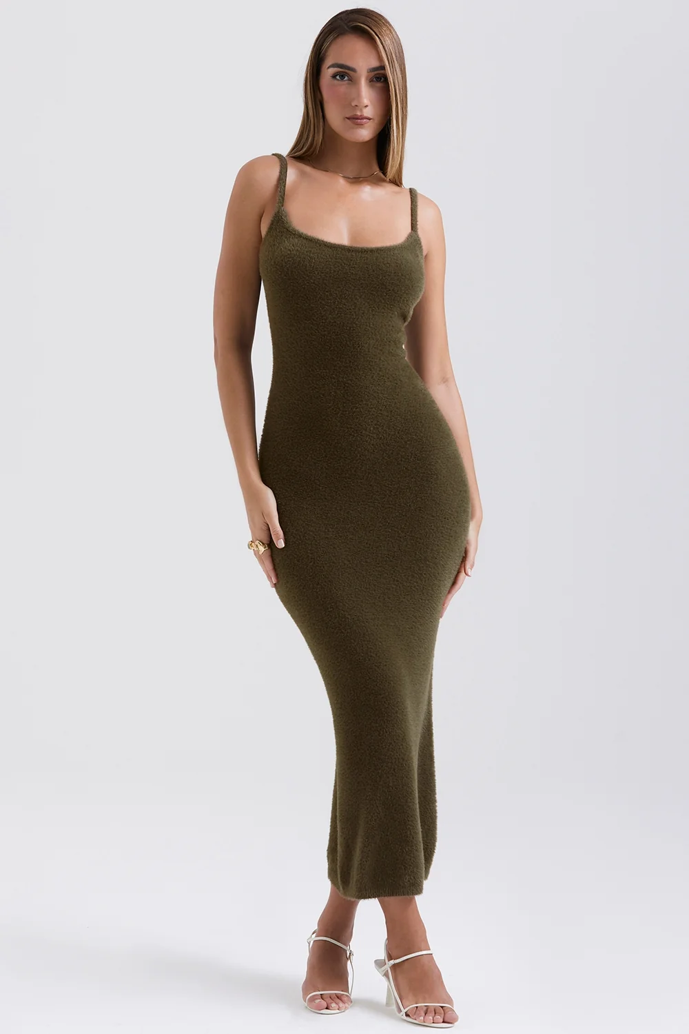 Khaki Soft Fluffy Knit Maxi Dress