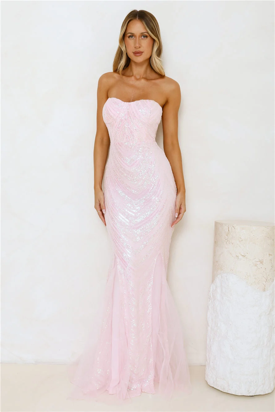 Fancy Dressed Strapless Sequin Maxi Dress Pink