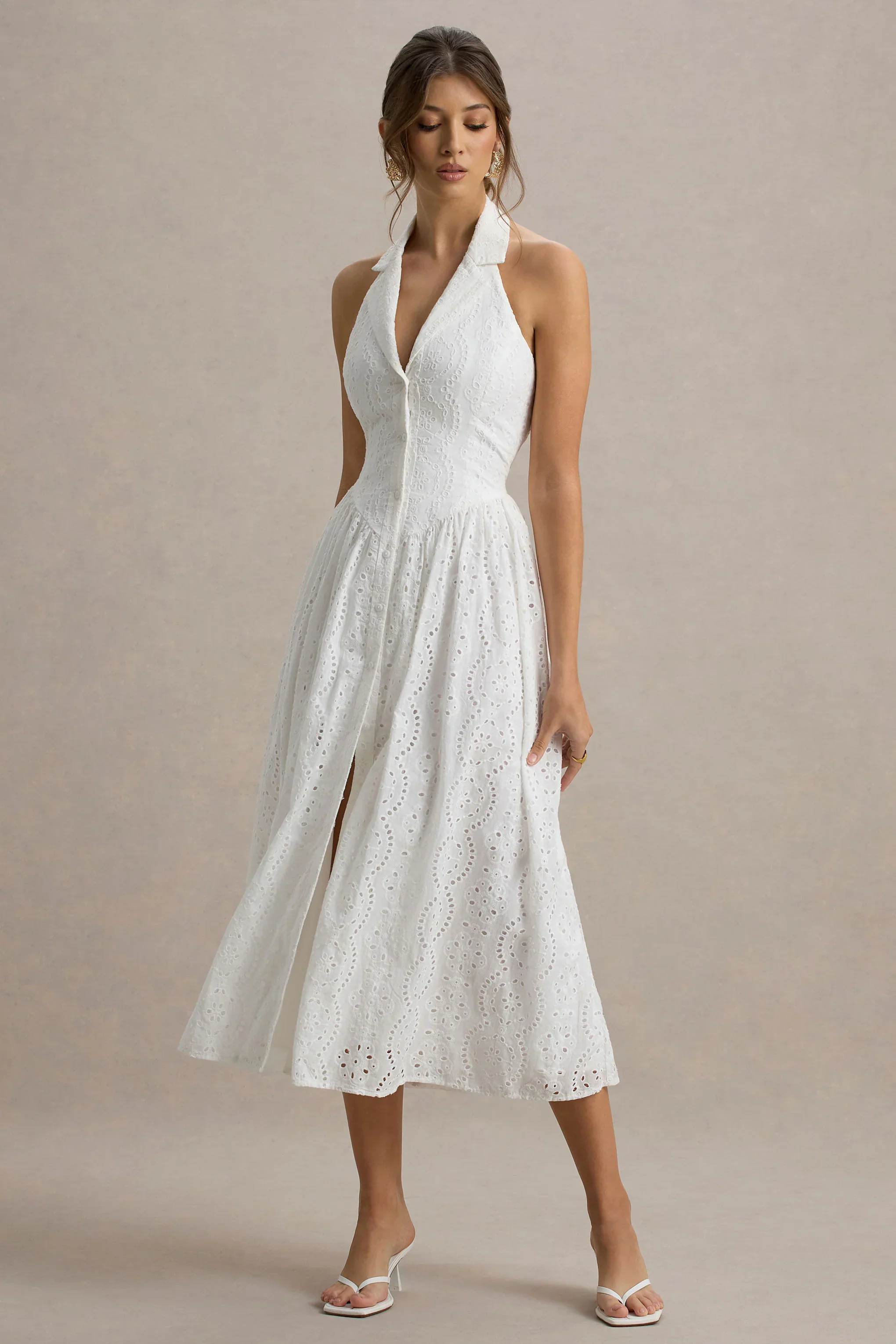 Jezebel | White Lace Plunge-Neck Collared Midi Dress - luluinthesky