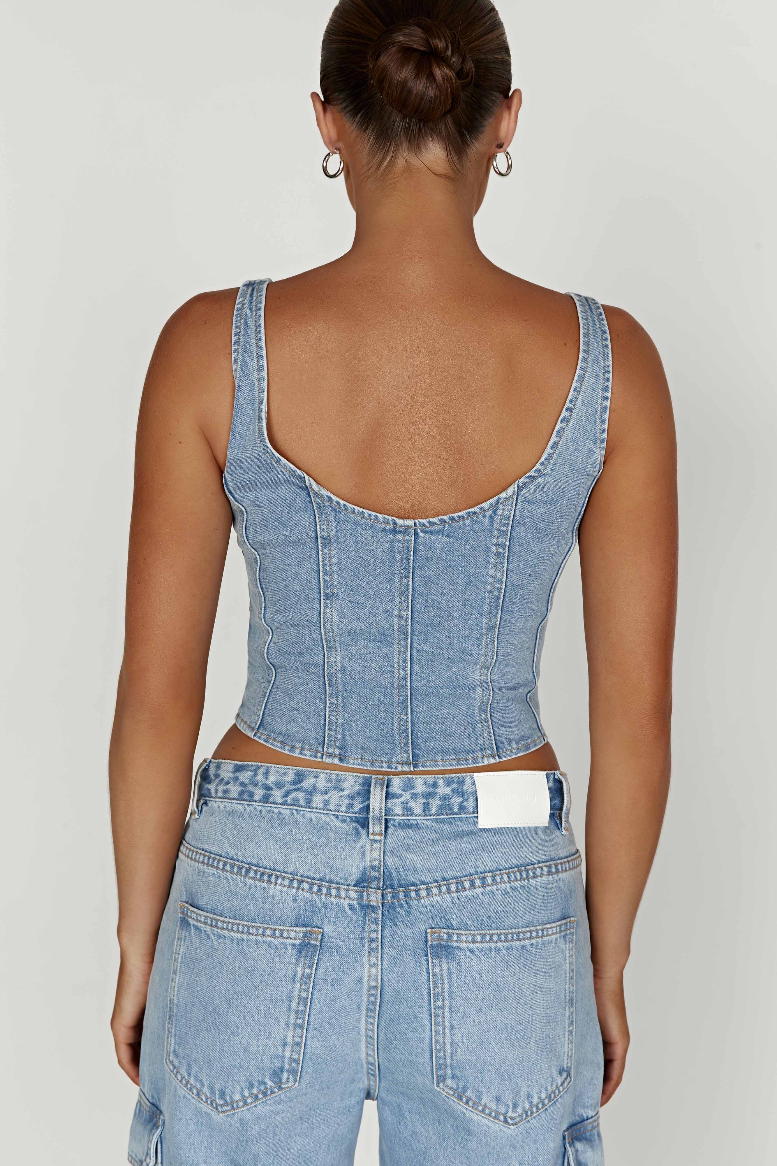 MESHKI Leilani Corset Denim Top - Mid Blue
