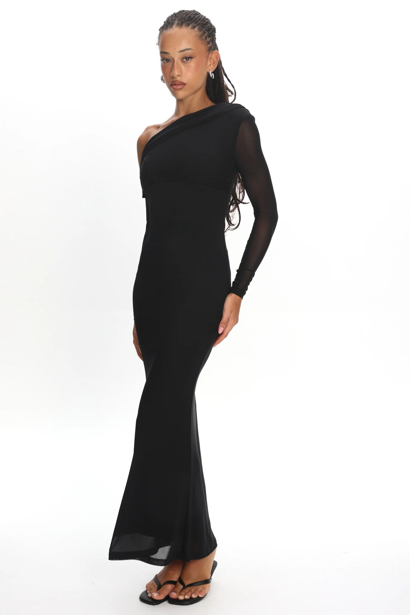 Milos Asymmetric Neckline Long Sleeve Maxi Dress Black