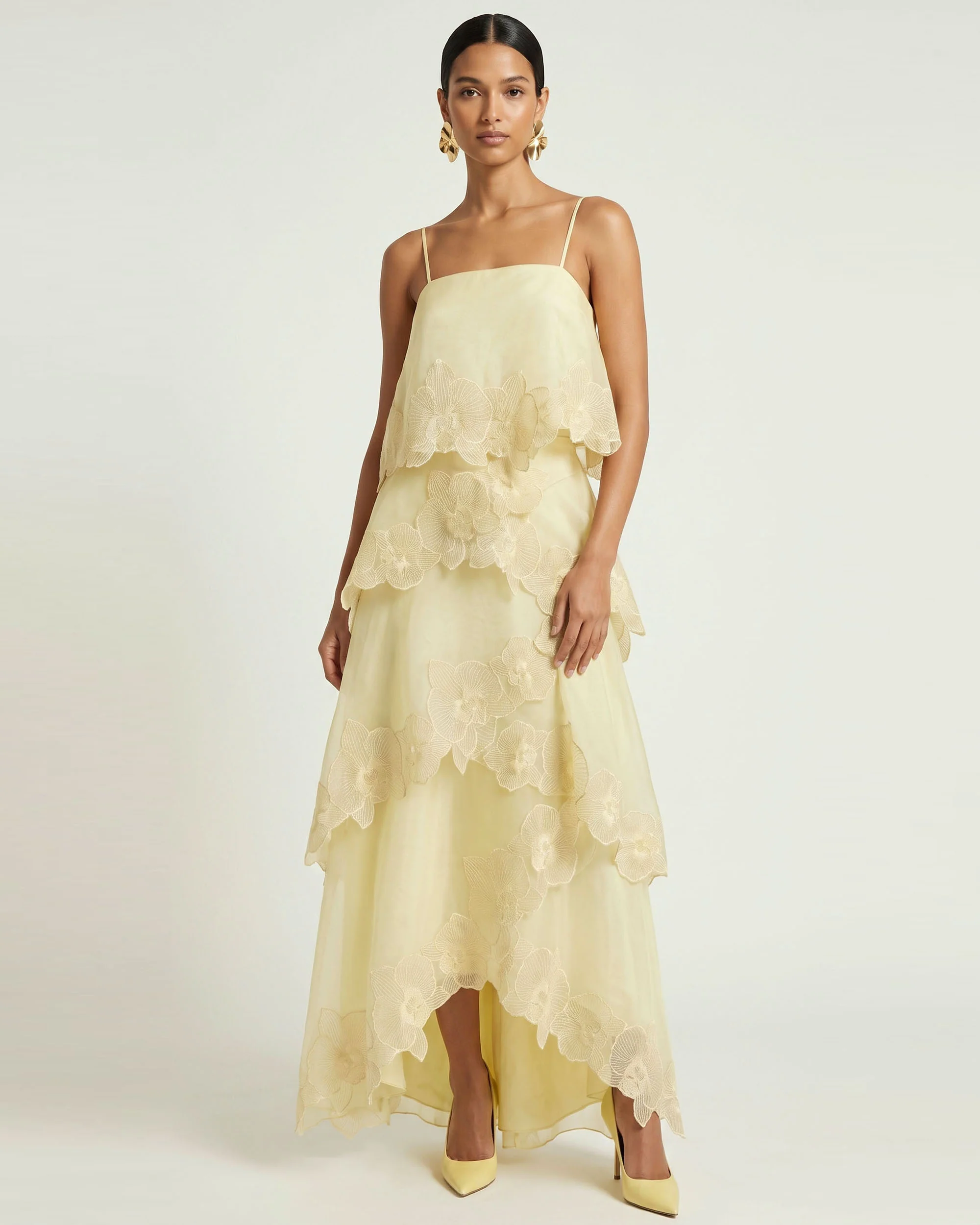 Orchid Embroidered Layered Maxi Dress - Light Yellow - FASHION NOB