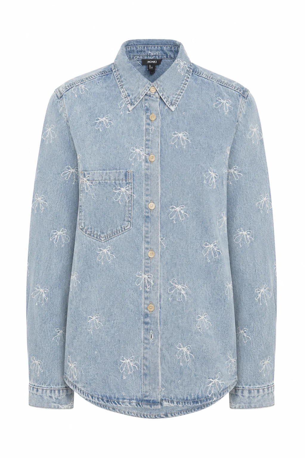 Embroidered Bow Print Oversized Denim Shirt