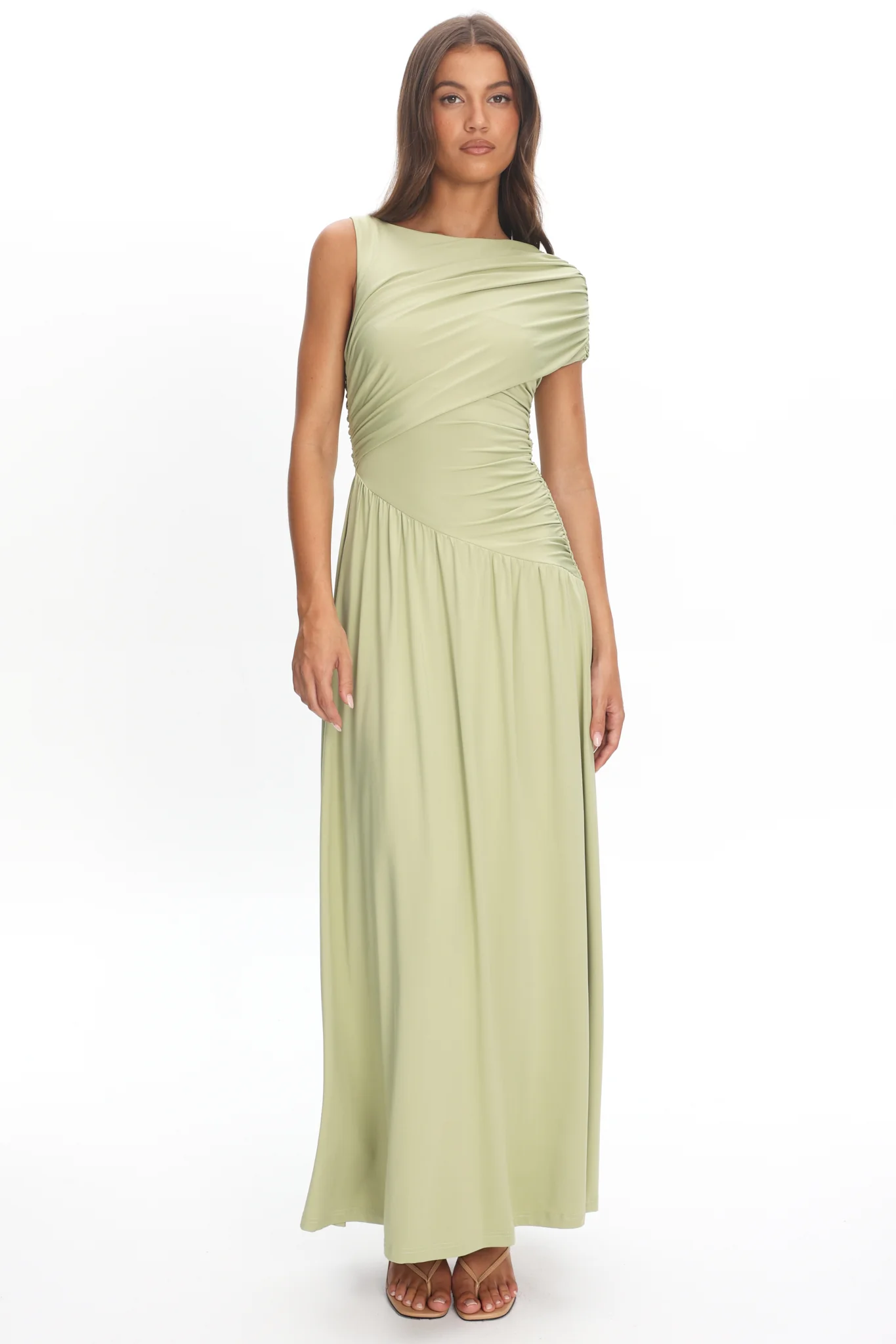Adiel Ruched Asymmetric Waist Maxi Dress Olive - luluinthesky