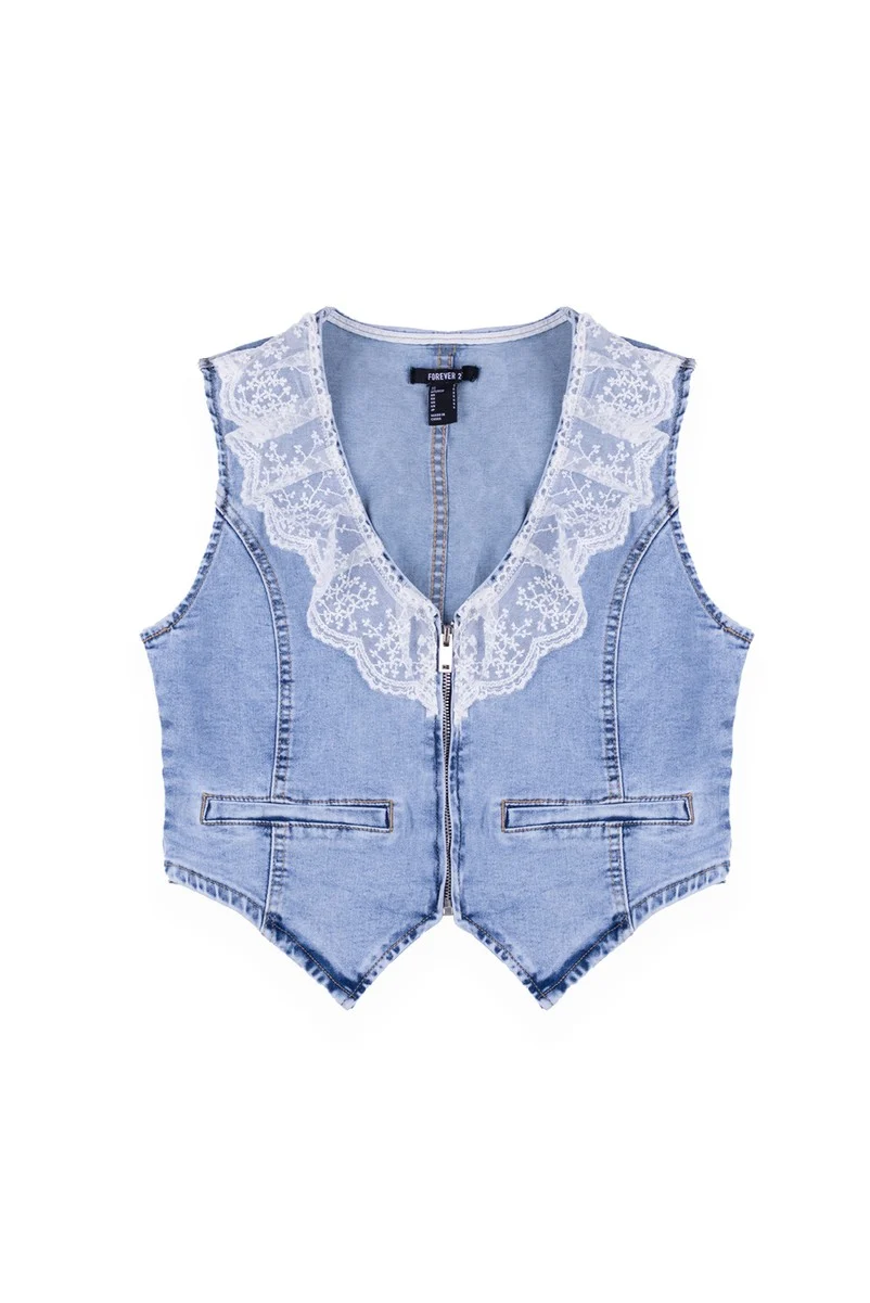 Lace Trim Zip Front Denim Vest