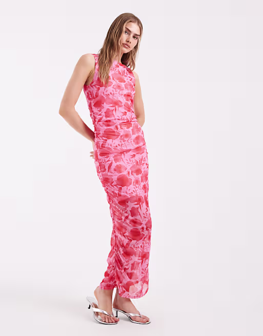 Pieces ruched midi dress in bold floral print