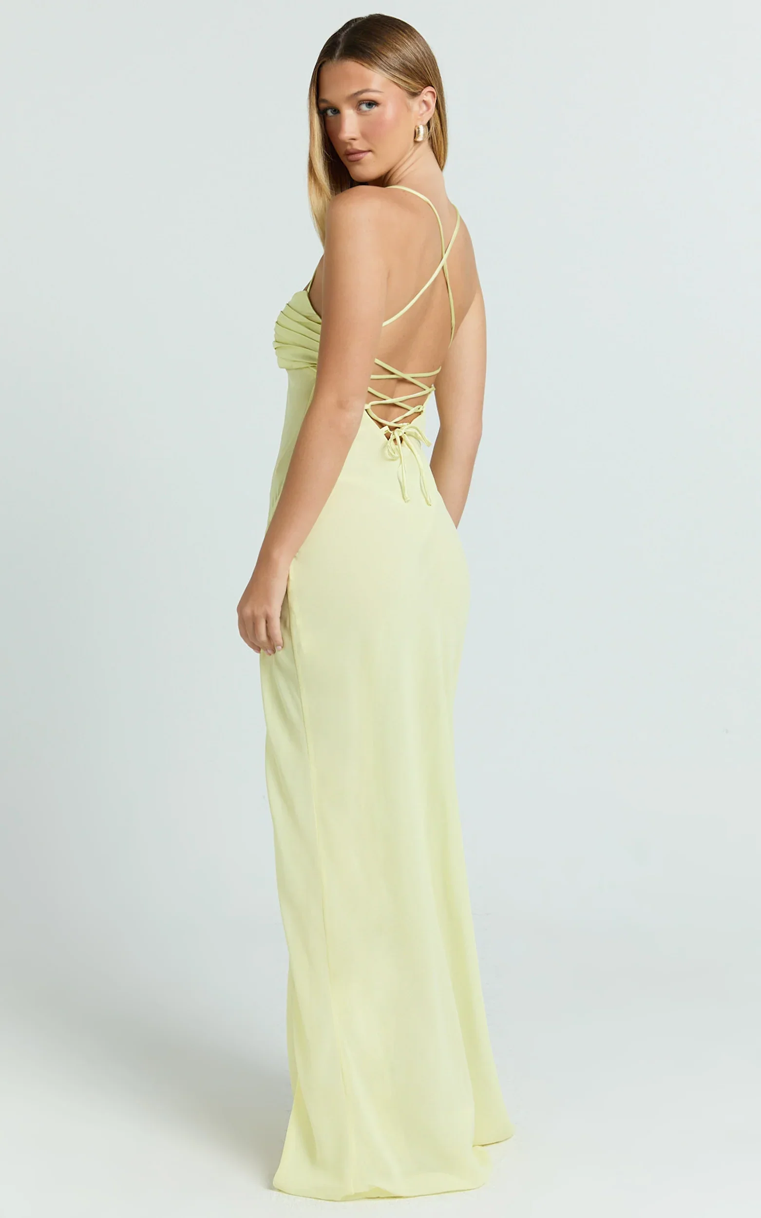 Sonya Maxi Dress - Cowl Neck Asymmetric Fit And Flare Dress in Lemon