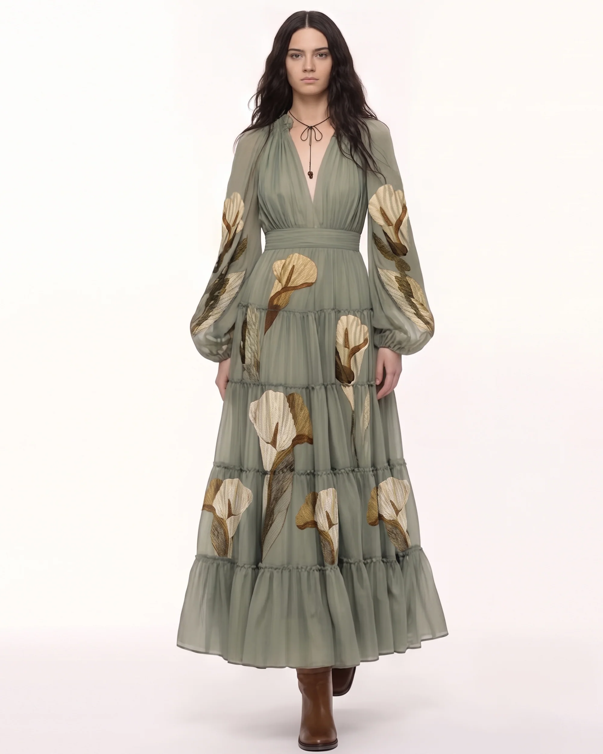 Calla Lily Tiered Long-Sleeve Maxi Dress - Sage Green