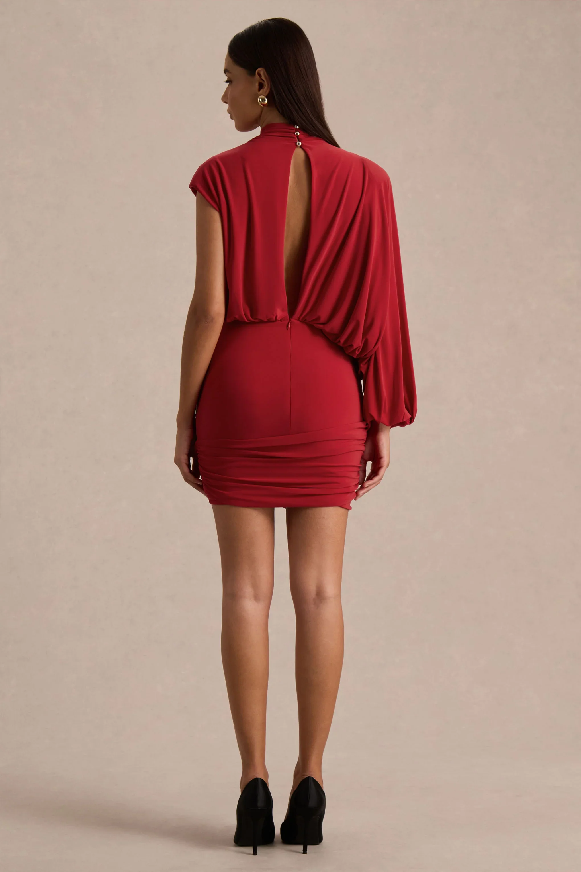 Zelda | Red High-Neck Mini Dress With One-Long Sleeve And Twisted Detail