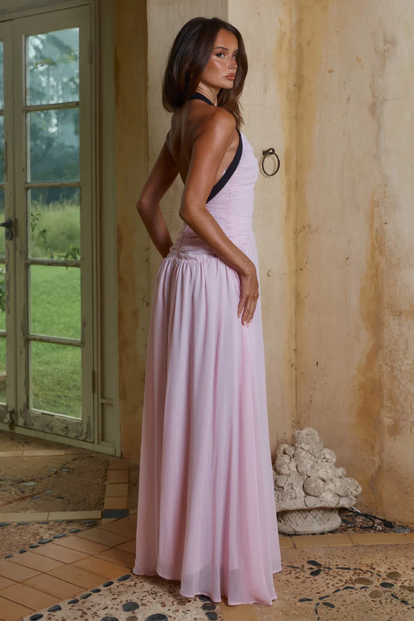 CAROLINA HALTER RUCHED MAXI DRESS - MUSK