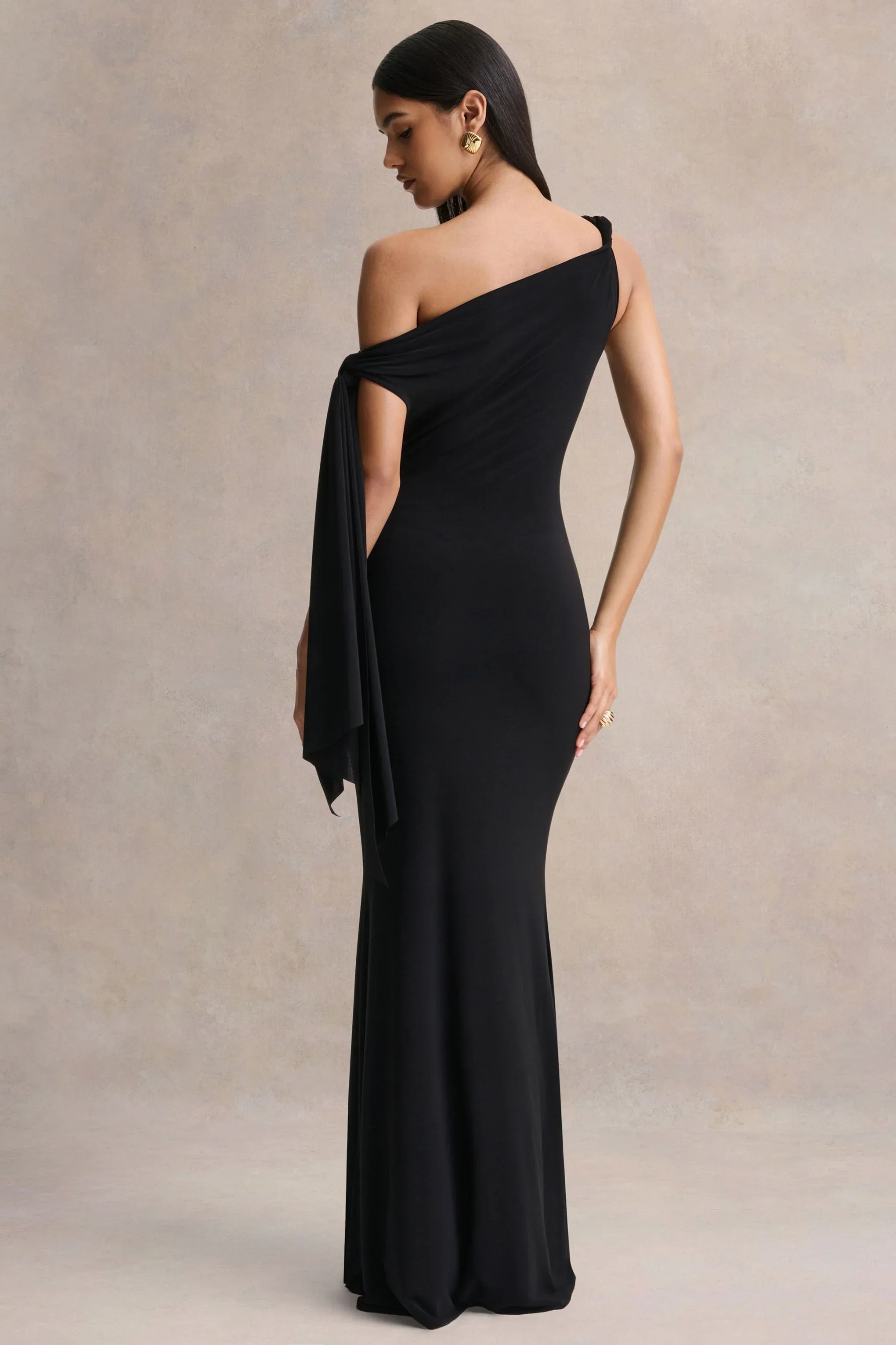 Vista | Black Asymmetric-Neck Maxi Dress With Knot-Sleeve Detail