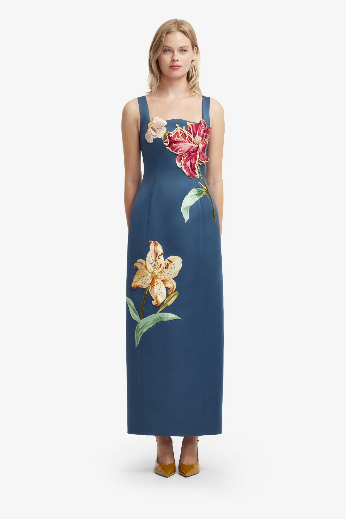 Adelina Embroidered Maxi Dress - Lily Print in Indigo