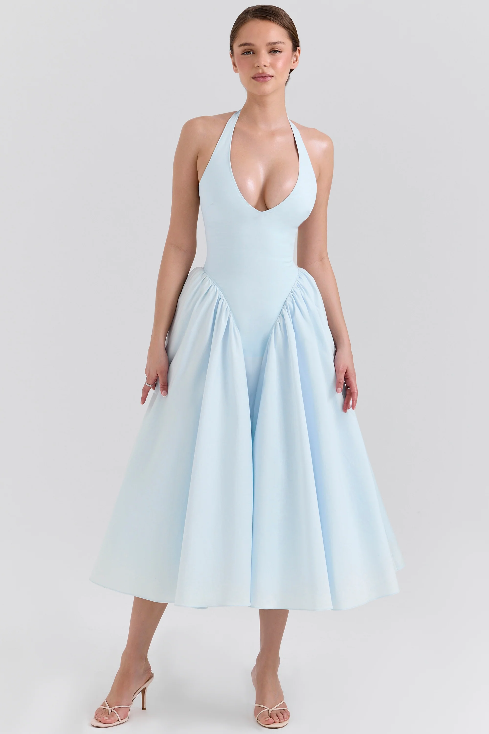 soft blue cotton twill halter midi sundress