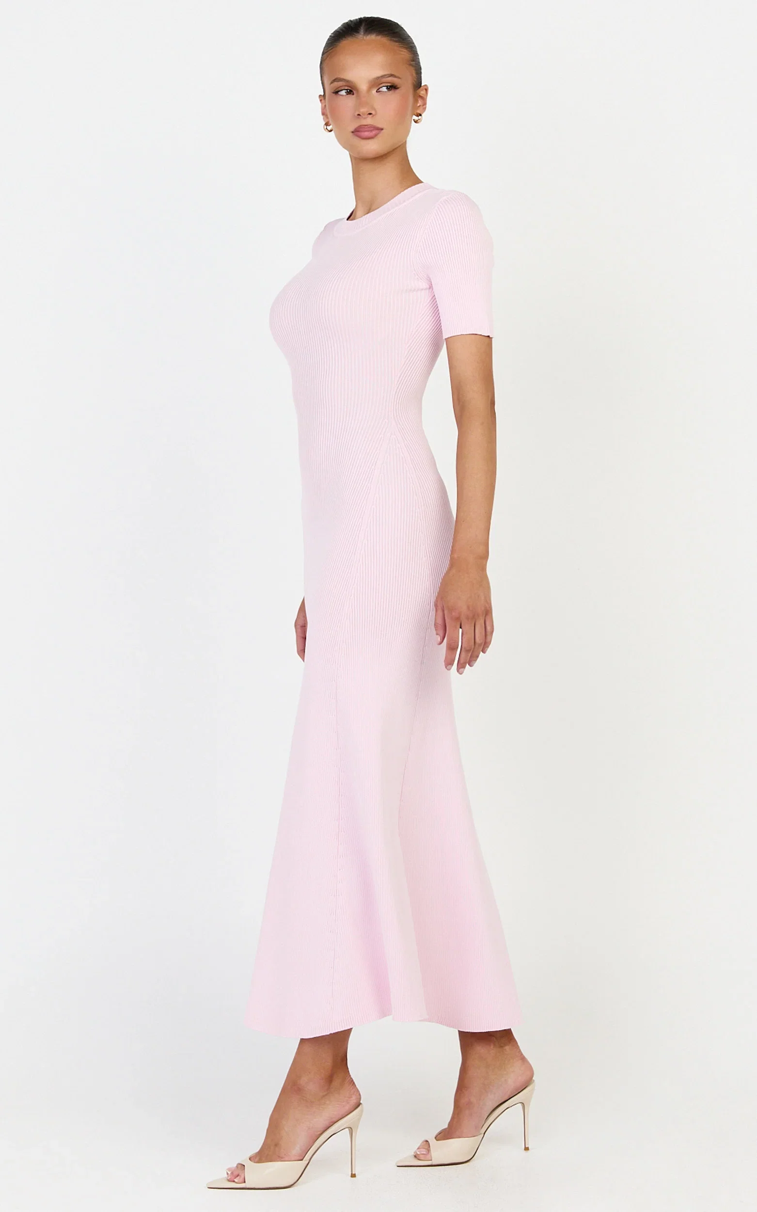 Lanie Midi Dress - Knitted Crew Neck Short Sleeve Dress in Pink