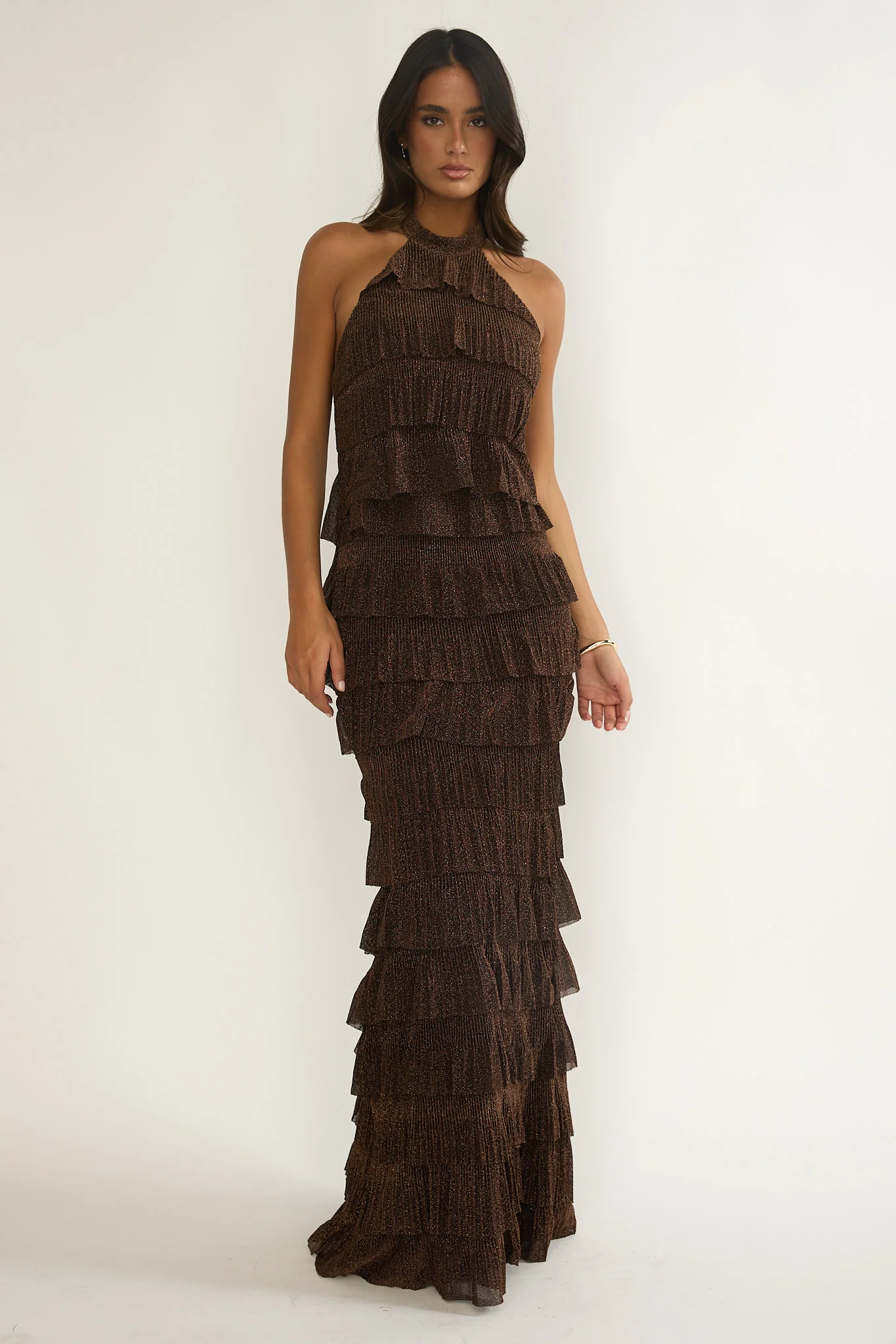 Kaelia Tiered Halter Maxi Dress Sparkle Brown