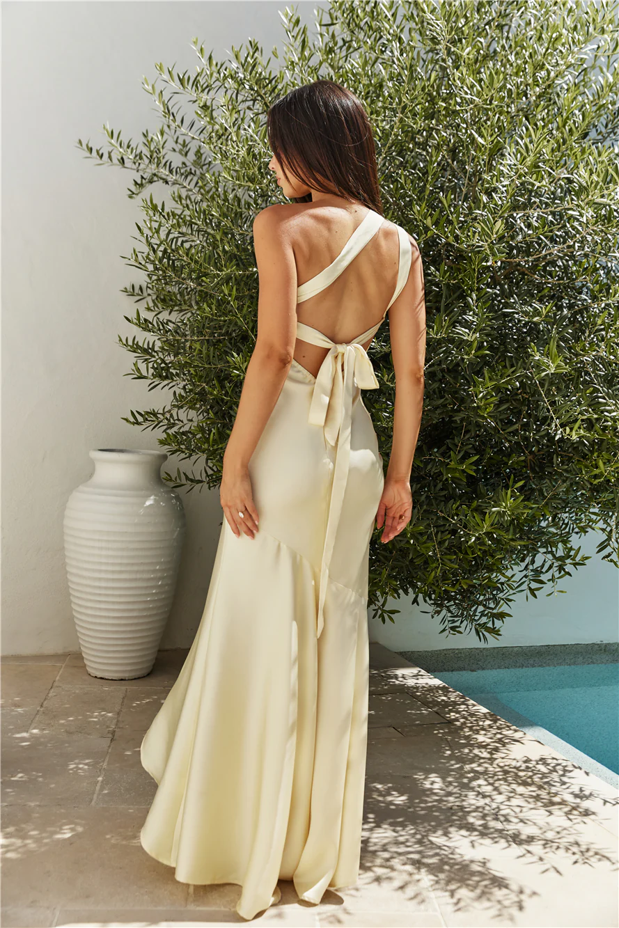 Champagne Chat One Shoulder Maxi Dress Yellow - luluinthesky