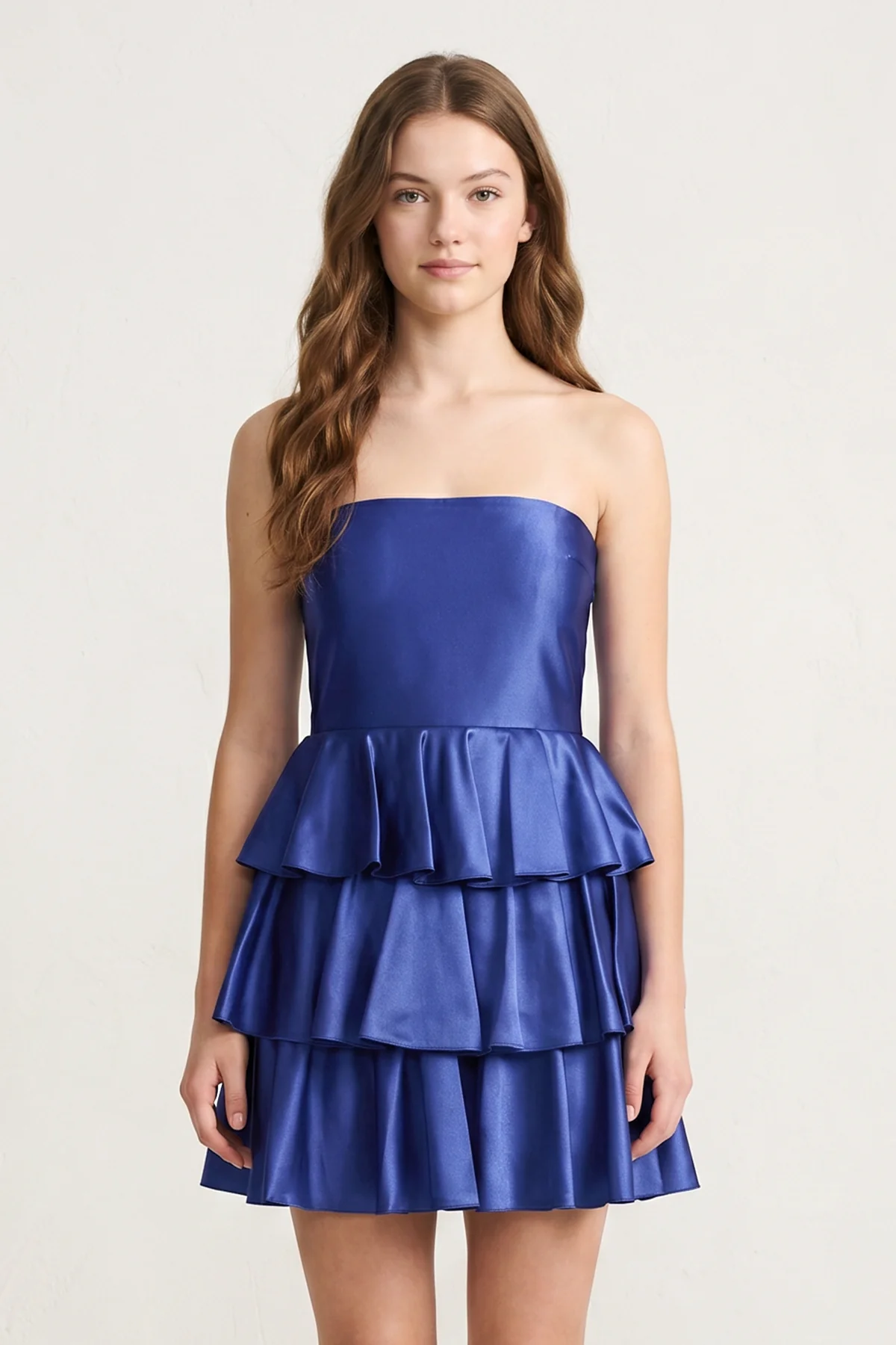 Navy Blue Strapless A Line Satin Ruffle Short Homecoming Dress
