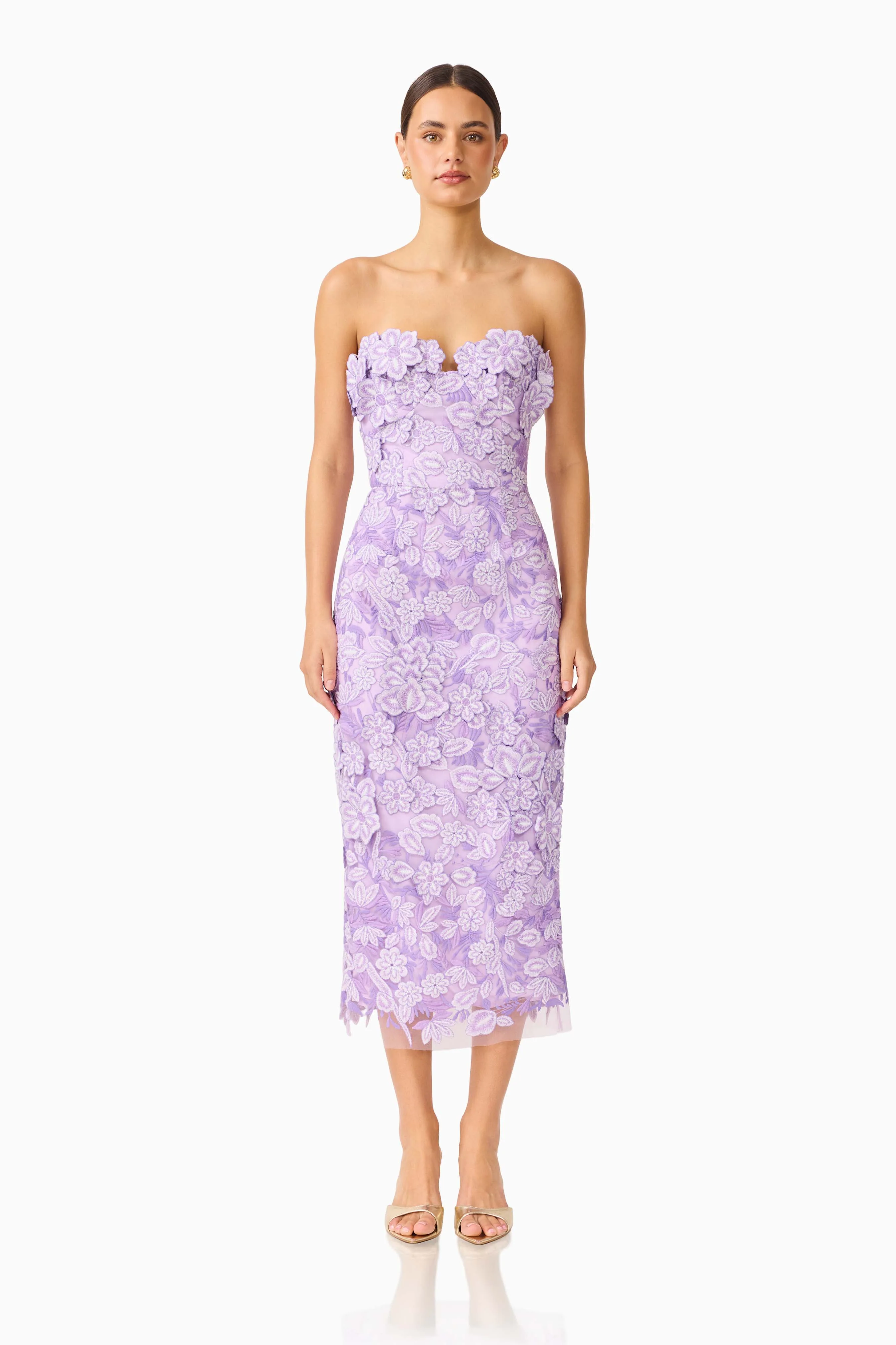 Roseate Strapless Midi Dress in Purple