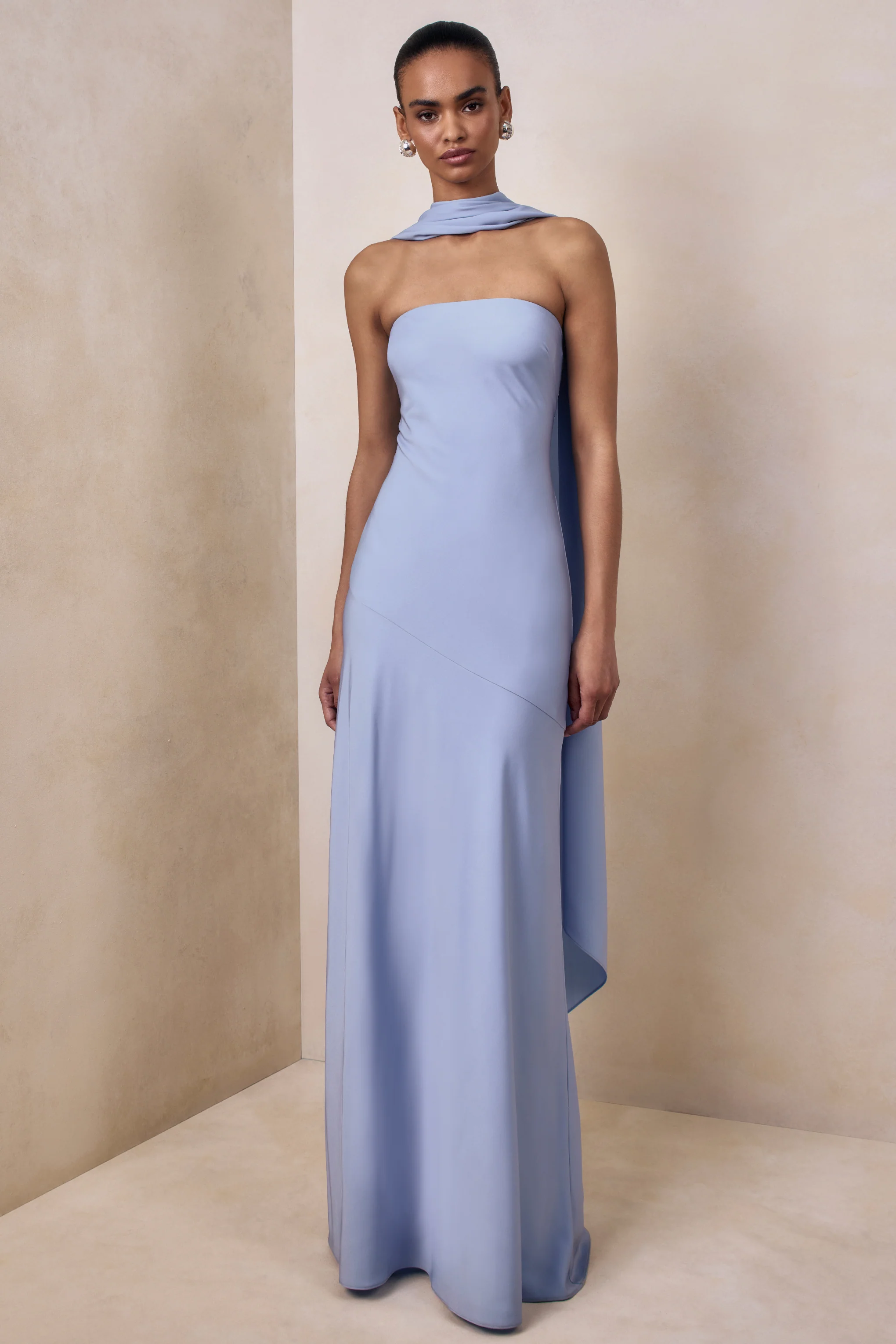 Charly | Powder Blue Matte Satin Bandeau Maxi Dress With Scarf-Detail