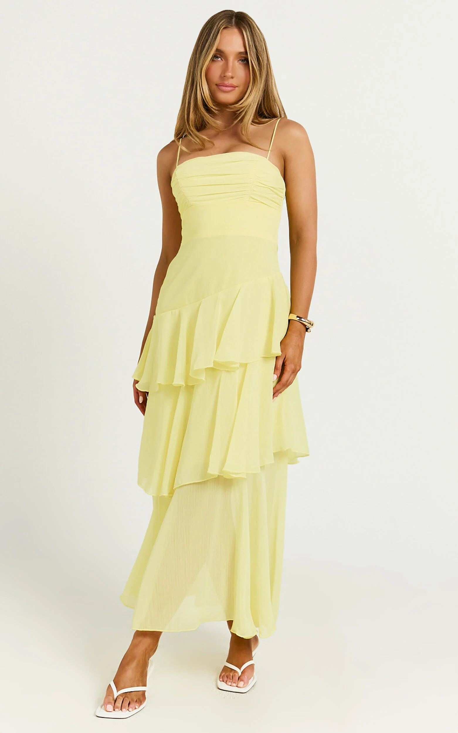 Johanna Midi Dress - Straight Neck Tiered Dress in Lemon