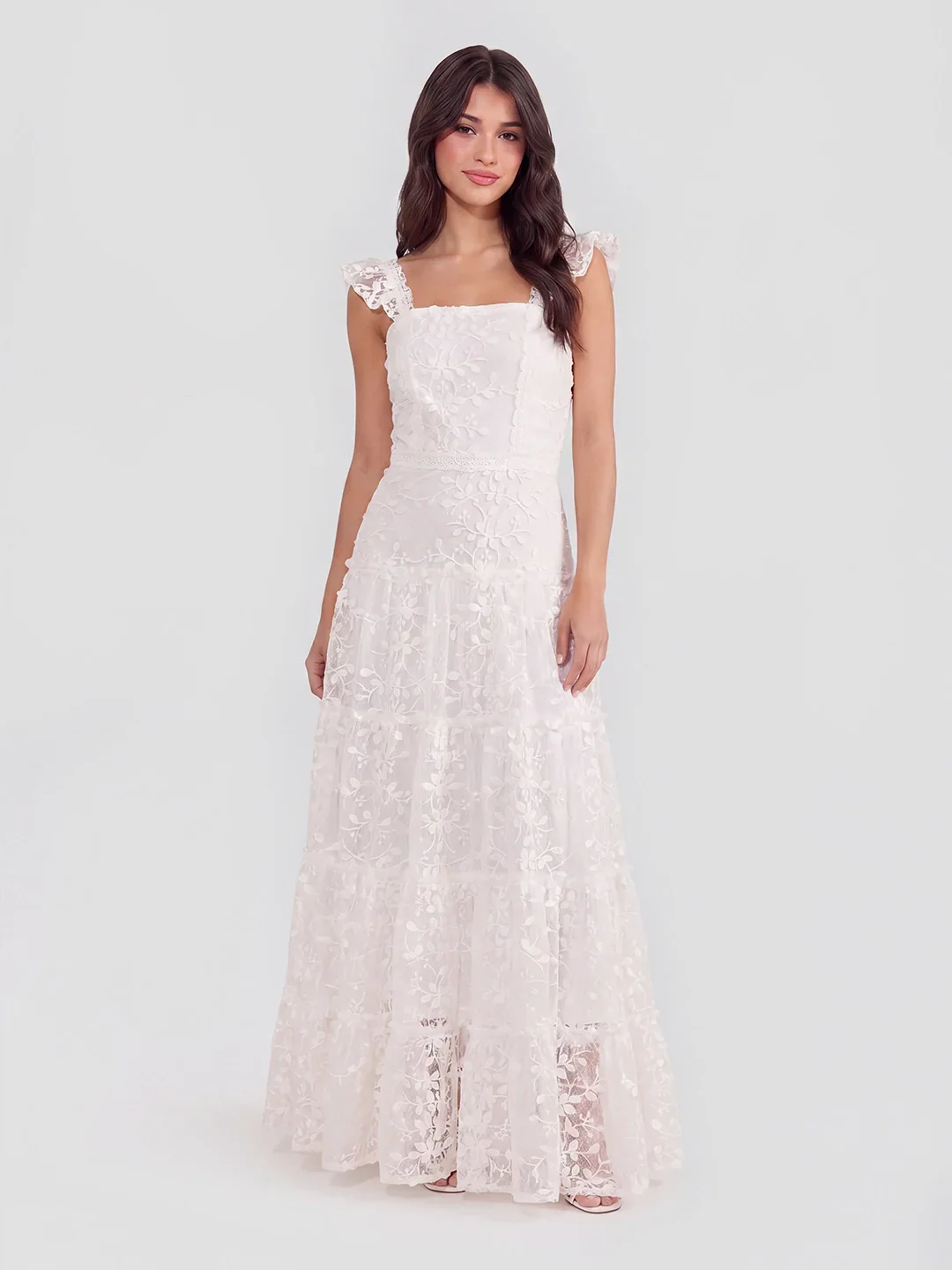 Tiered Vertical Lace Maxi Dress with Square Neckline