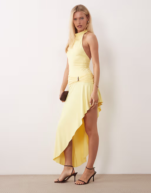 Murci high neck gathered waist gold hardware detail maxi dress in yellow