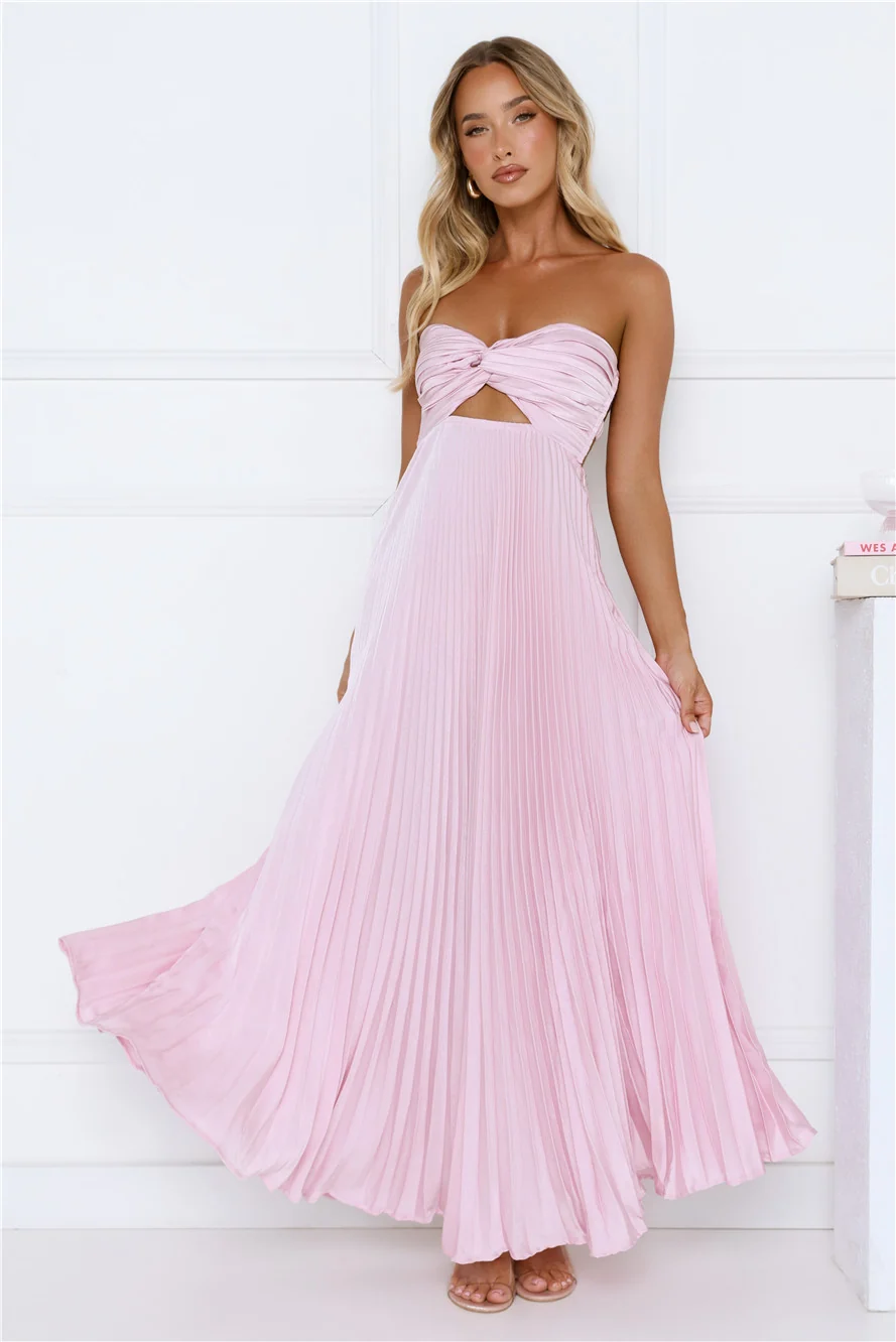 Secret Hues Strapless Pleated Satin Maxi Dress Blush